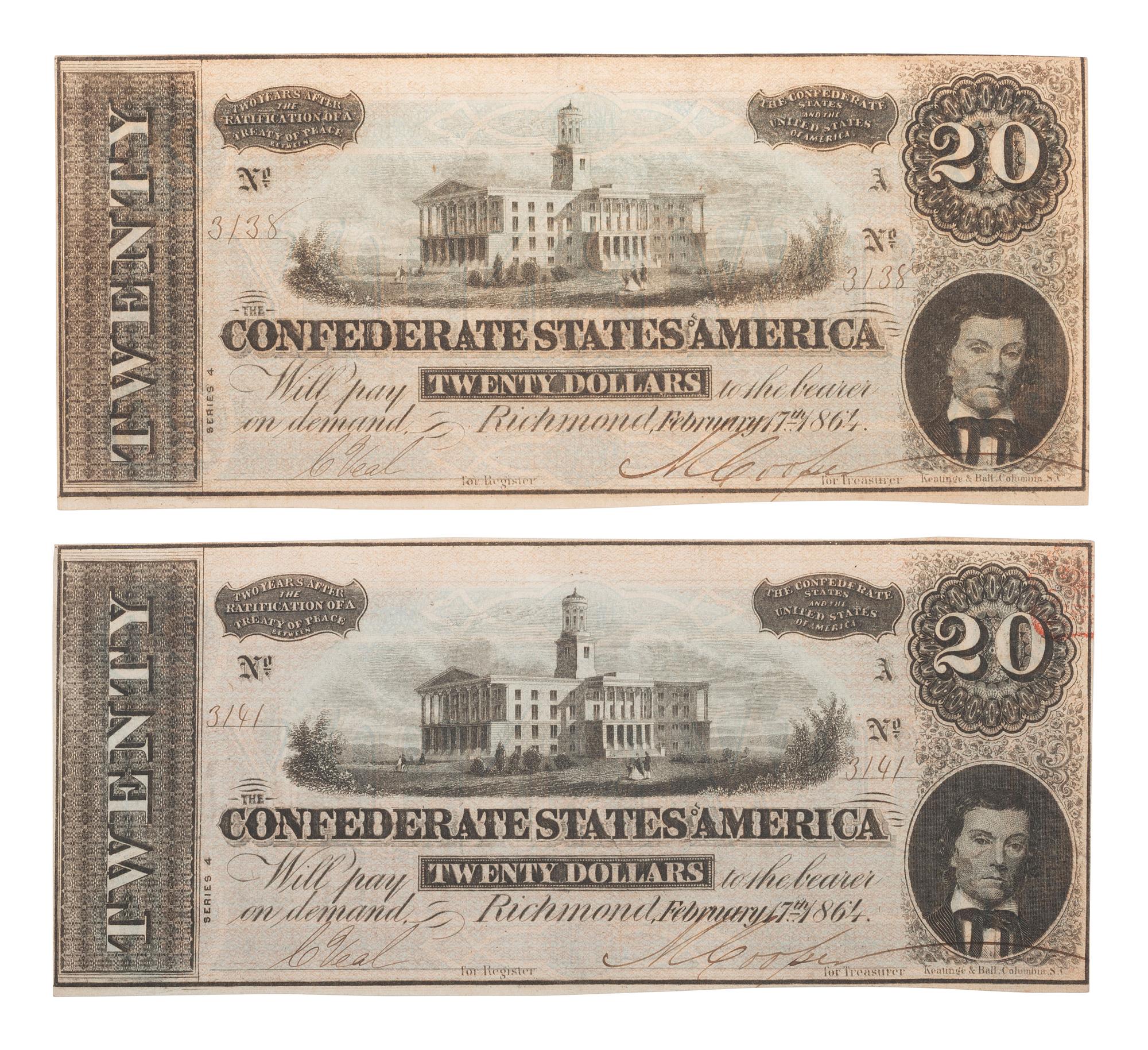 [CIVIL WAR] -- [CURRENCY]. A group of 21 Confederate notes, comprising: