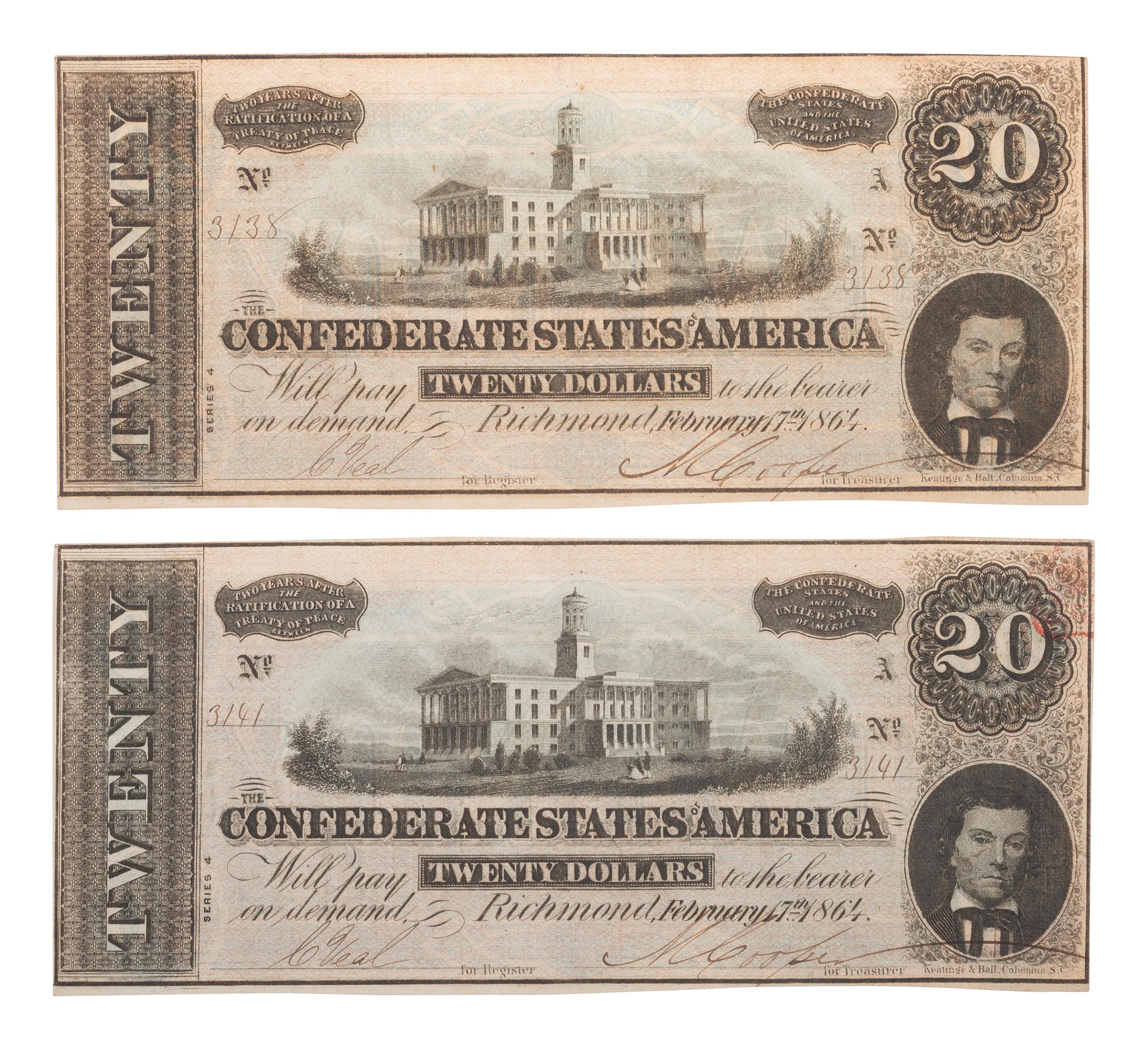 [CIVIL WAR] -- [CURRENCY]. A group of 21 Confederate notes, comprising: