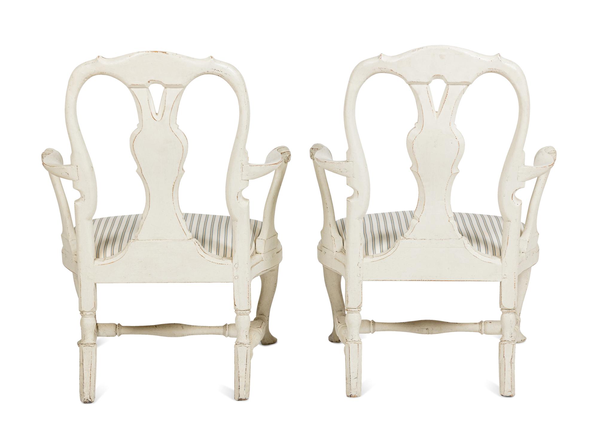 A Pair of Swedish White-Painted and Parcel-Gilt Open Armchairs