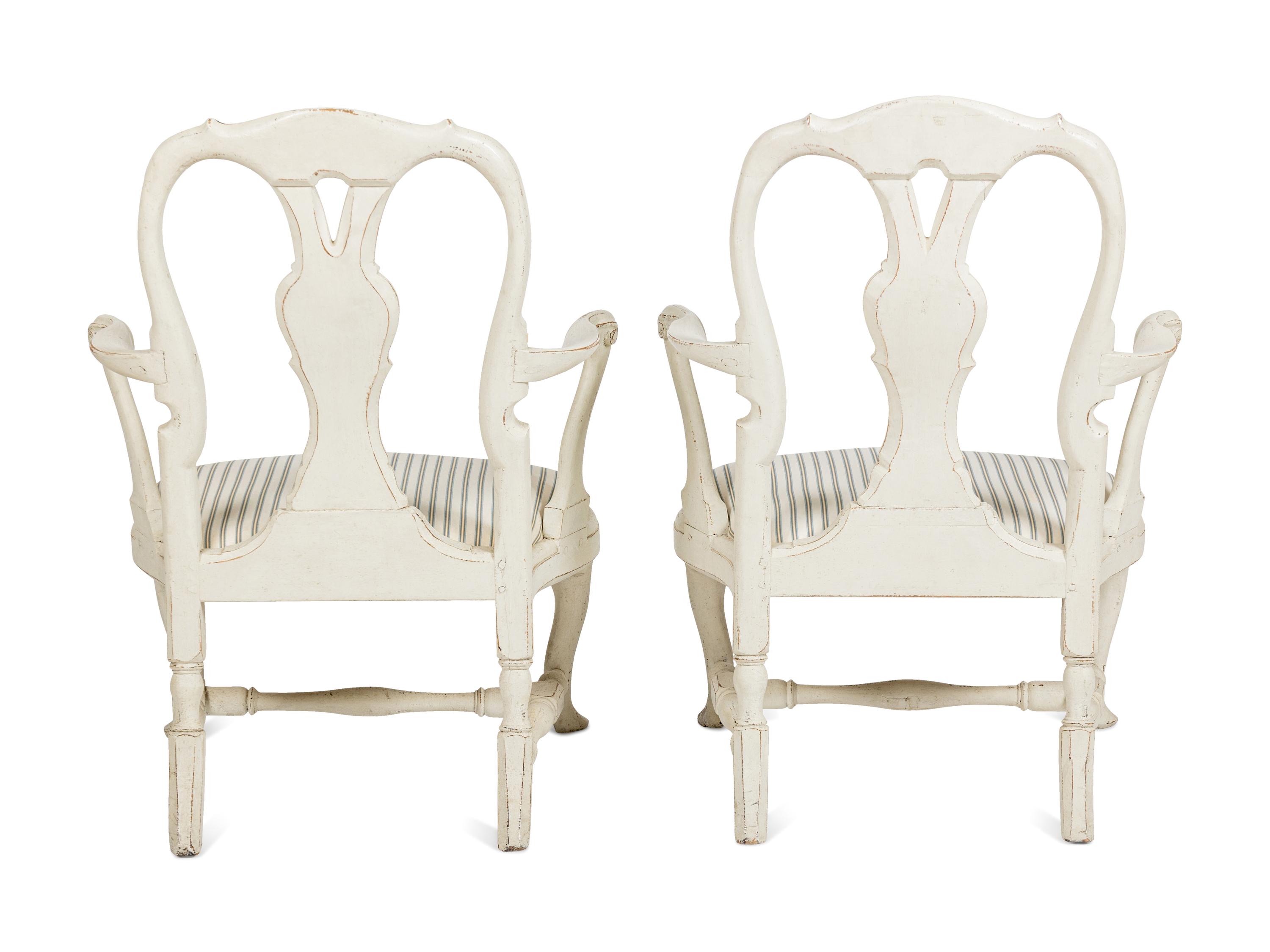 A Pair of Swedish White-Painted and Parcel-Gilt Open Armchairs