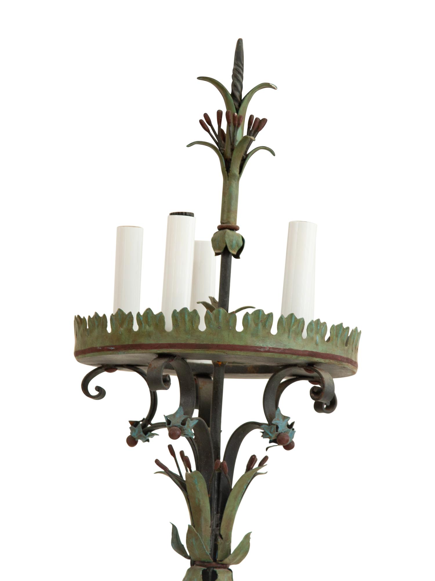 A Mizner Style Painted Tole and Wrought Iron Five-Light Torchère