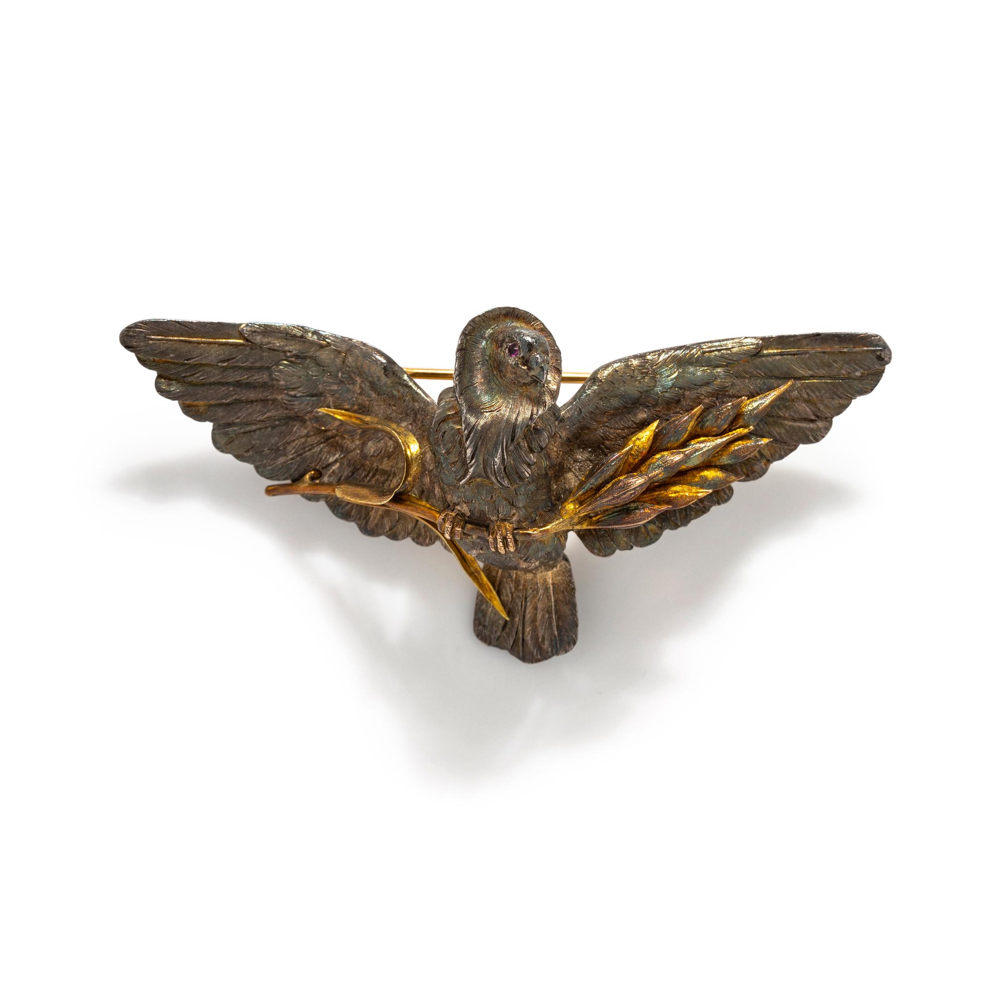 FRENCH, SILVER AND GOLD BIRD BROOCH