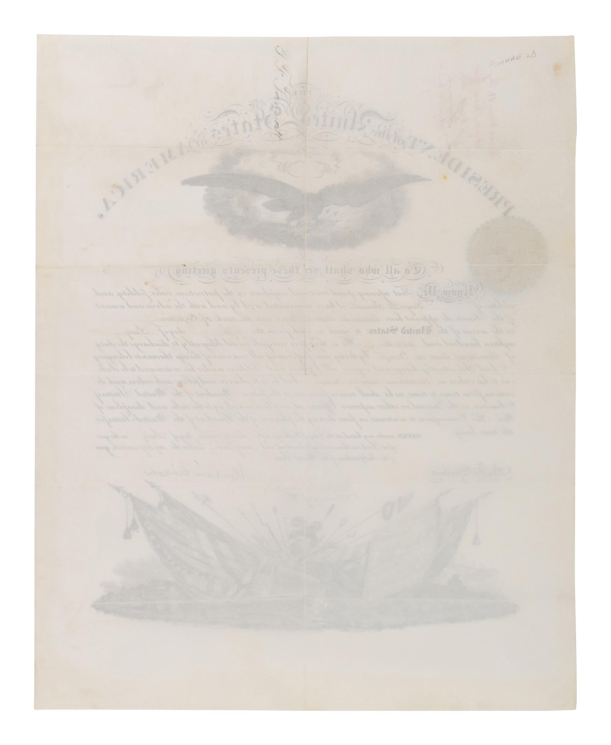 LINCOLN, Abraham (1809-1865). Partially engraved document signed ("Abraham Lincoln"), as President, City of Washington, 26 July 1862, countersigned by Edwin STANTON (1814-1869), as Secretary of War.