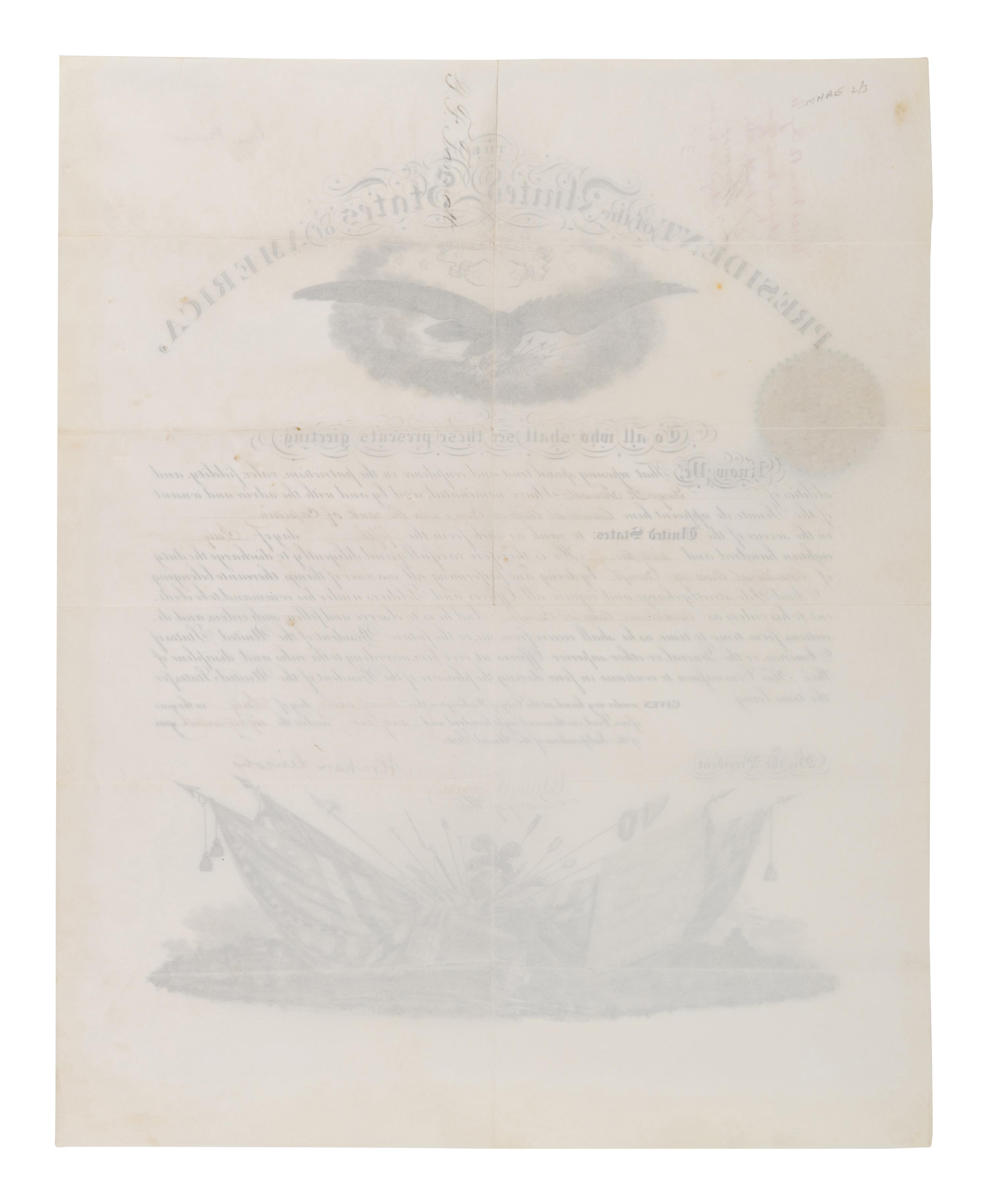 LINCOLN, Abraham (1809-1865). Partially engraved document signed ("Abraham Lincoln"), as President, City of Washington, 26 July 1862, countersigned by Edwin STANTON (1814-1869), as Secretary of War.