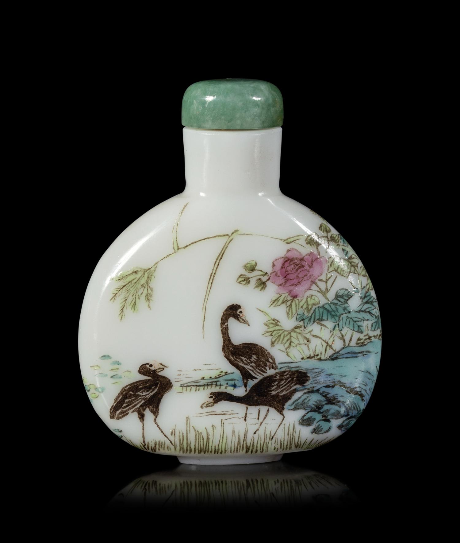 A Polychrome Enameled Opaque White Peking Glass Snuff Bottle