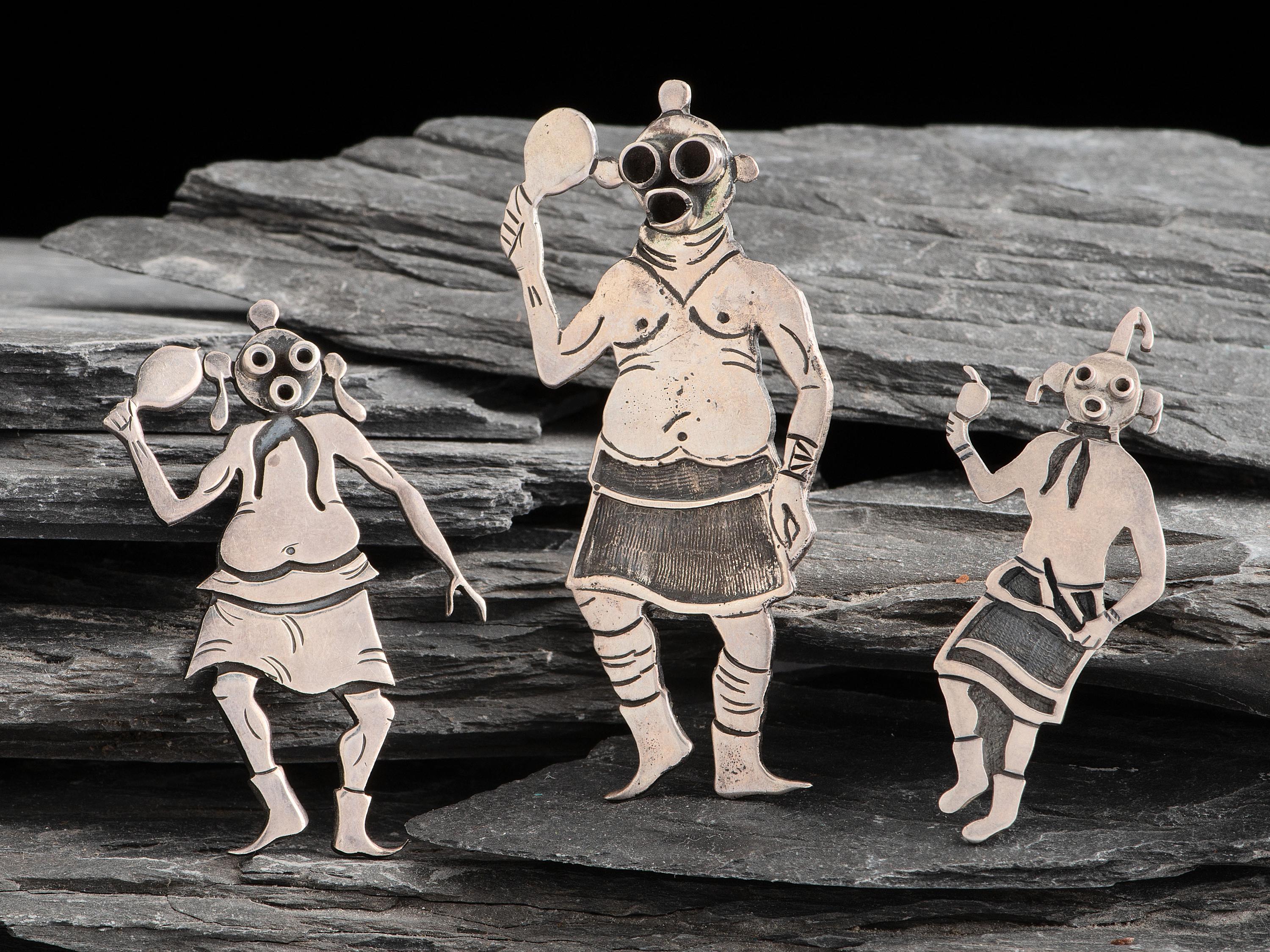 Hopi Sterling Silver Overlay Mudhead Pins / Brooches