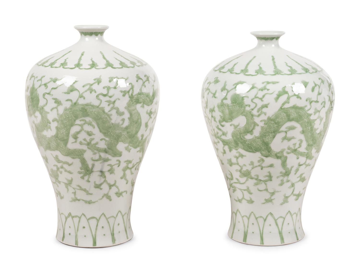 A Pair of Contemporary Green and White Glazed Porcelain Vases