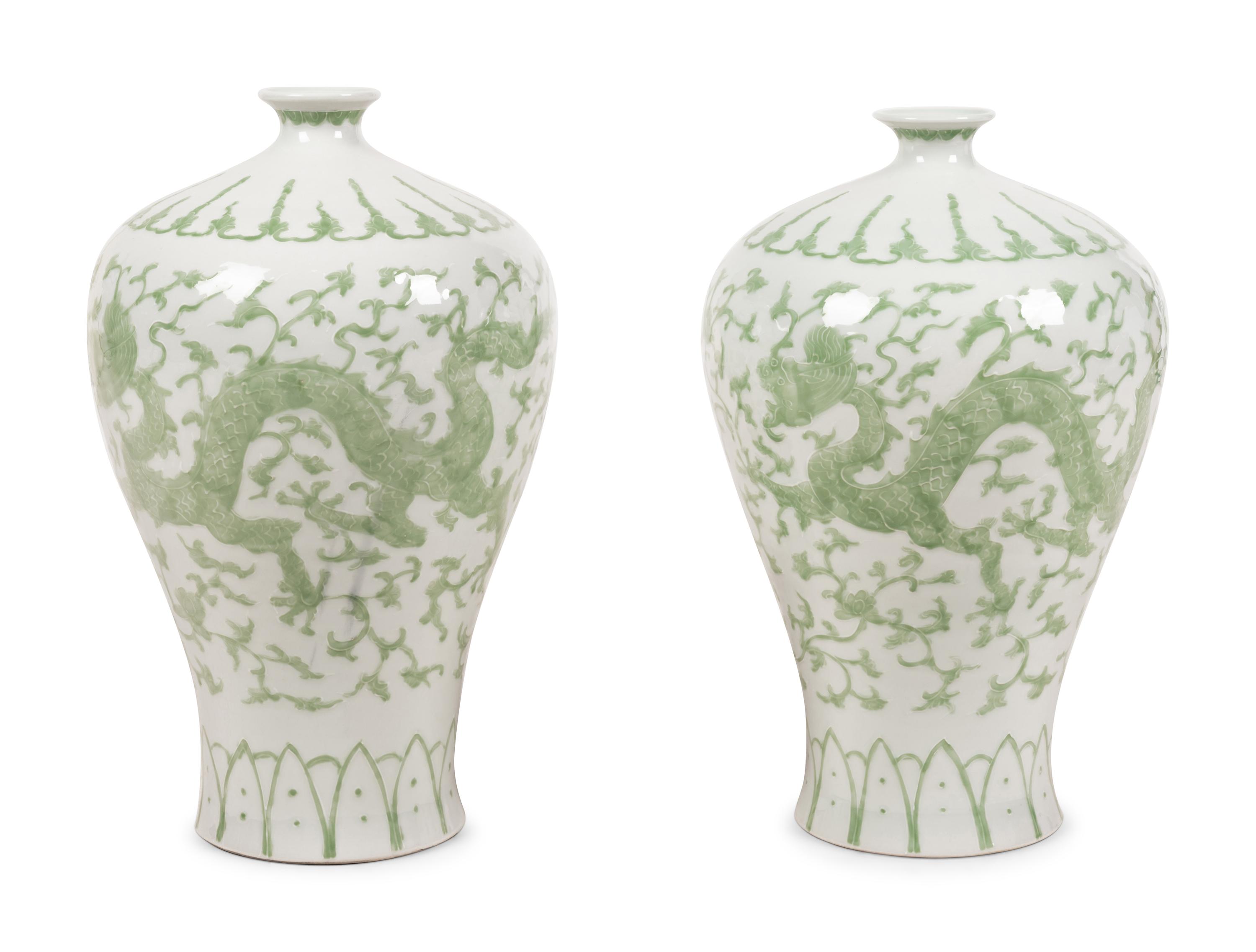 A Pair of Contemporary Green and White Glazed Porcelain Vases