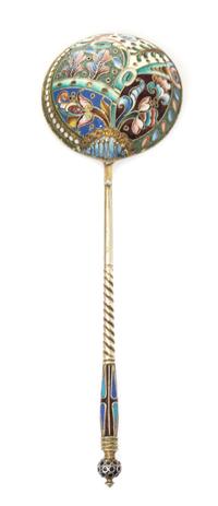 A Russian Silver and Enamel Spoon, Maker's mark obscured, Moscow, late 19th/early 20th century, having a blue enameled spherical finial