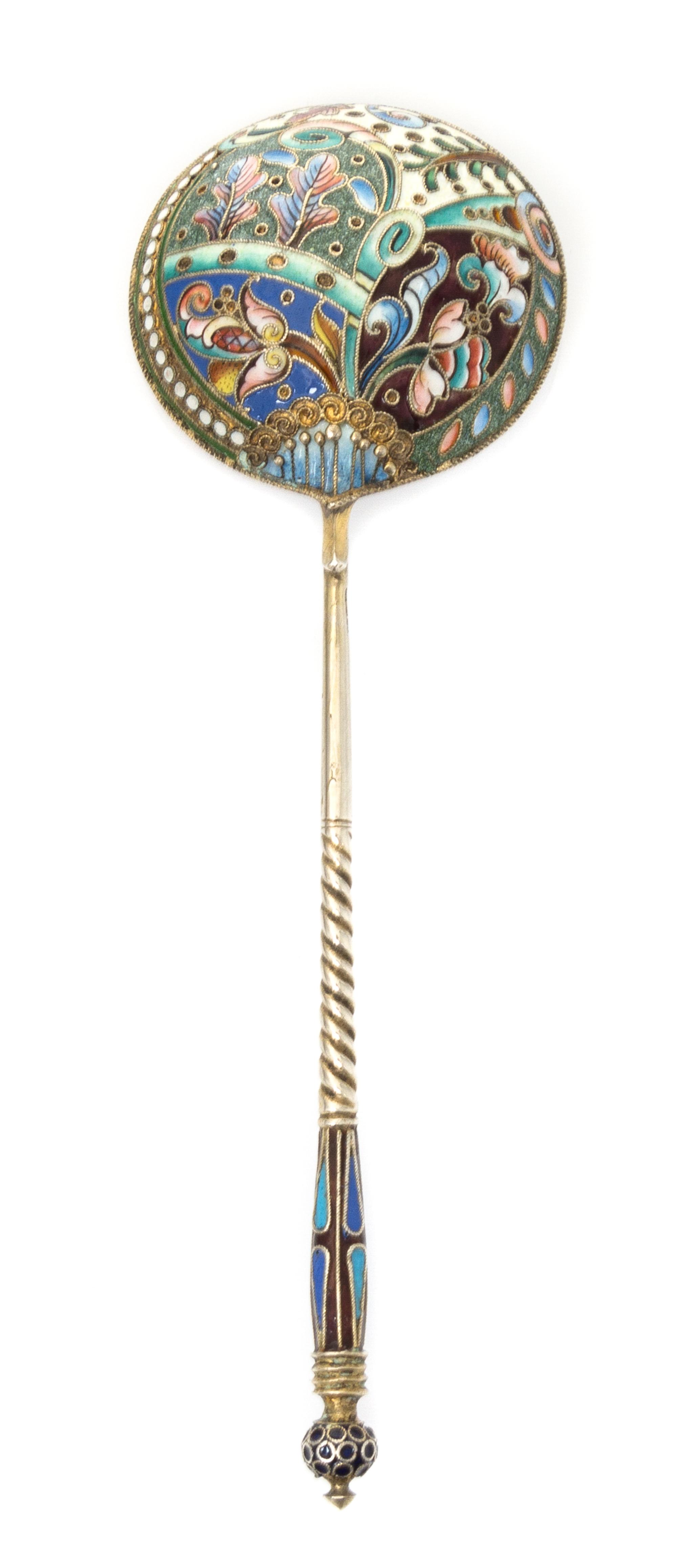 A Russian Silver and Enamel Spoon, Maker's mark obscured, Moscow, late 19th/early 20th century, having a blue enameled spherical finial