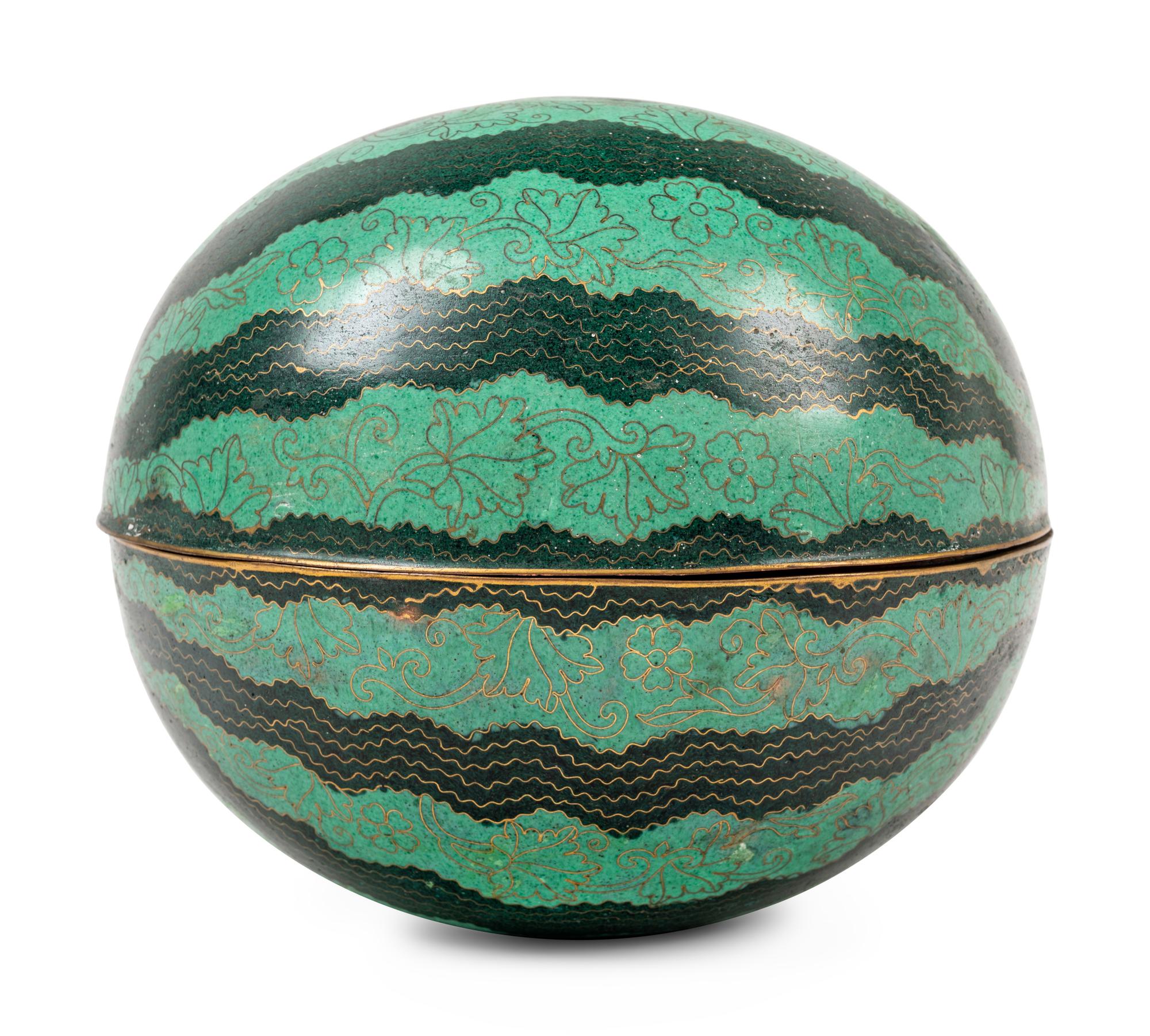 A Chinese Cloisonné Enamel Watermelon-Form Covered Box