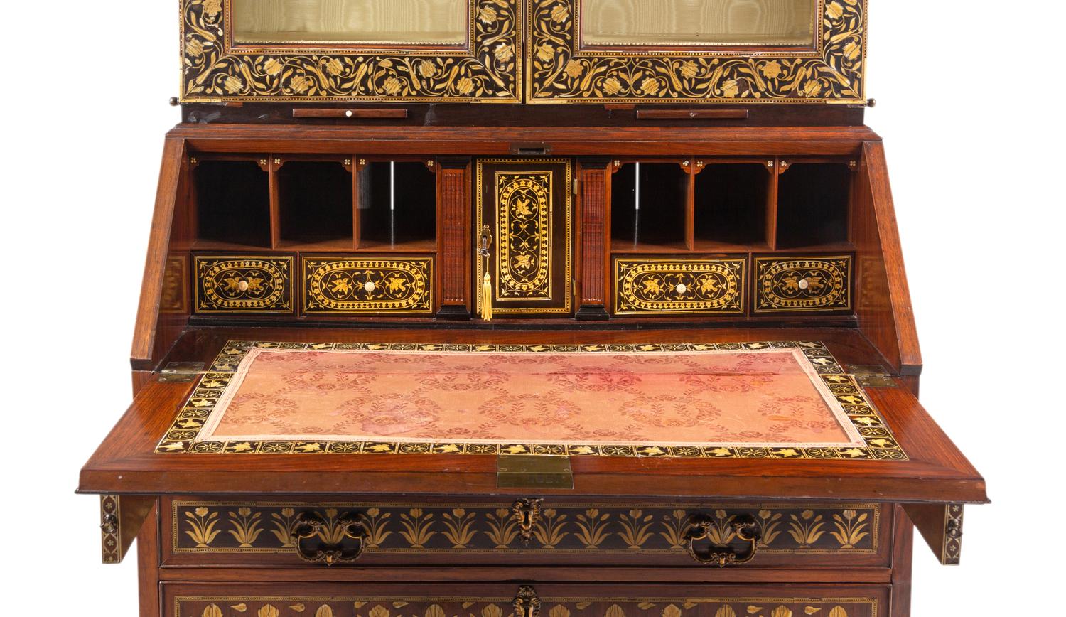 An Anglo-Indian Ivory-Inlaid Indian Rosewood Secretary Bookcase