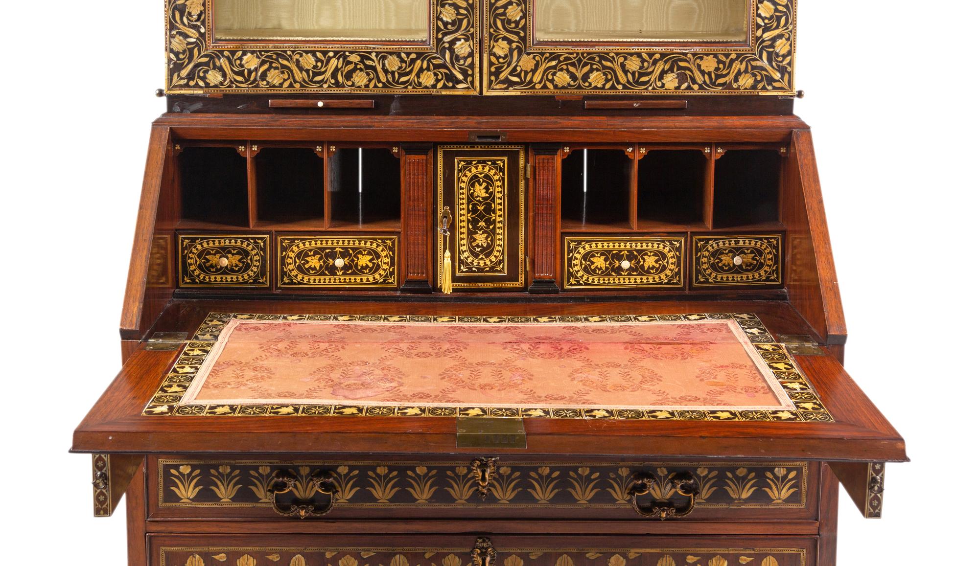 An Anglo-Indian Ivory-Inlaid Indian Rosewood Secretary Bookcase