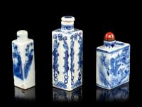 Three Chinese Blue and White Rectangular Form Snuff Bottles
