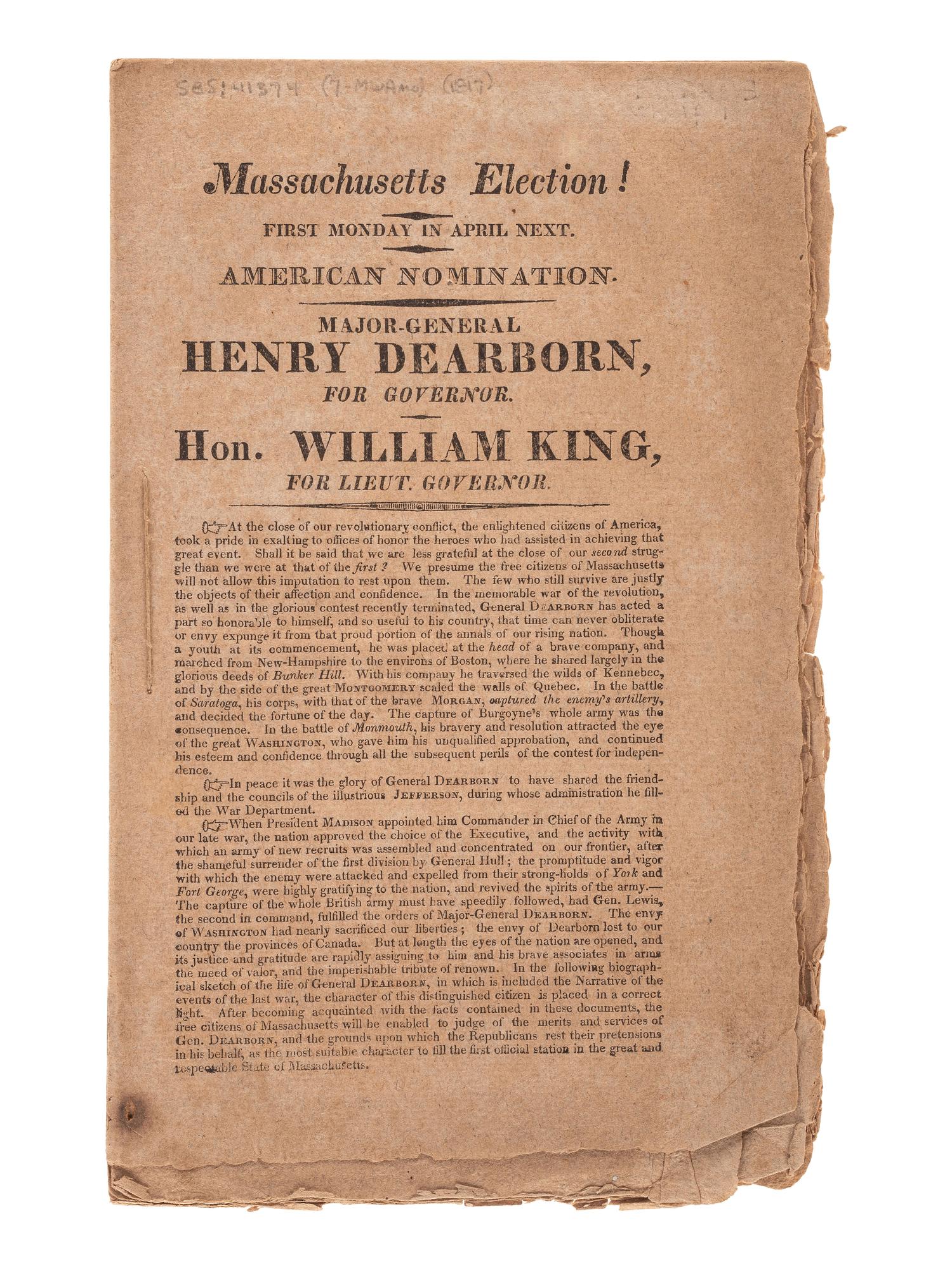 [MASSACHUSETTS] -- [DEARBORN, Henry (1751-1829)]. A group of signed documents and other ephemera related to military officer and politician Henry Dearborn, comprising: