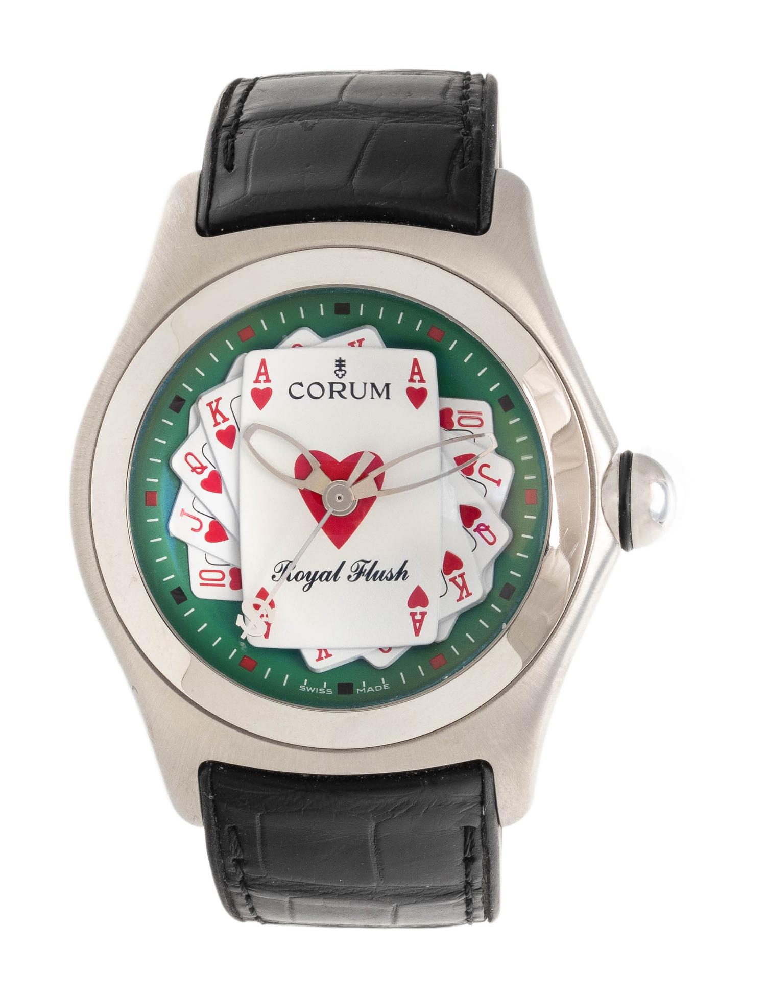 CORUM, REF. 082.170.20 STAINLESS STEEL LIMITED EDITION BUBBLE 'ROYAL FLUSH' WRISTWATCH