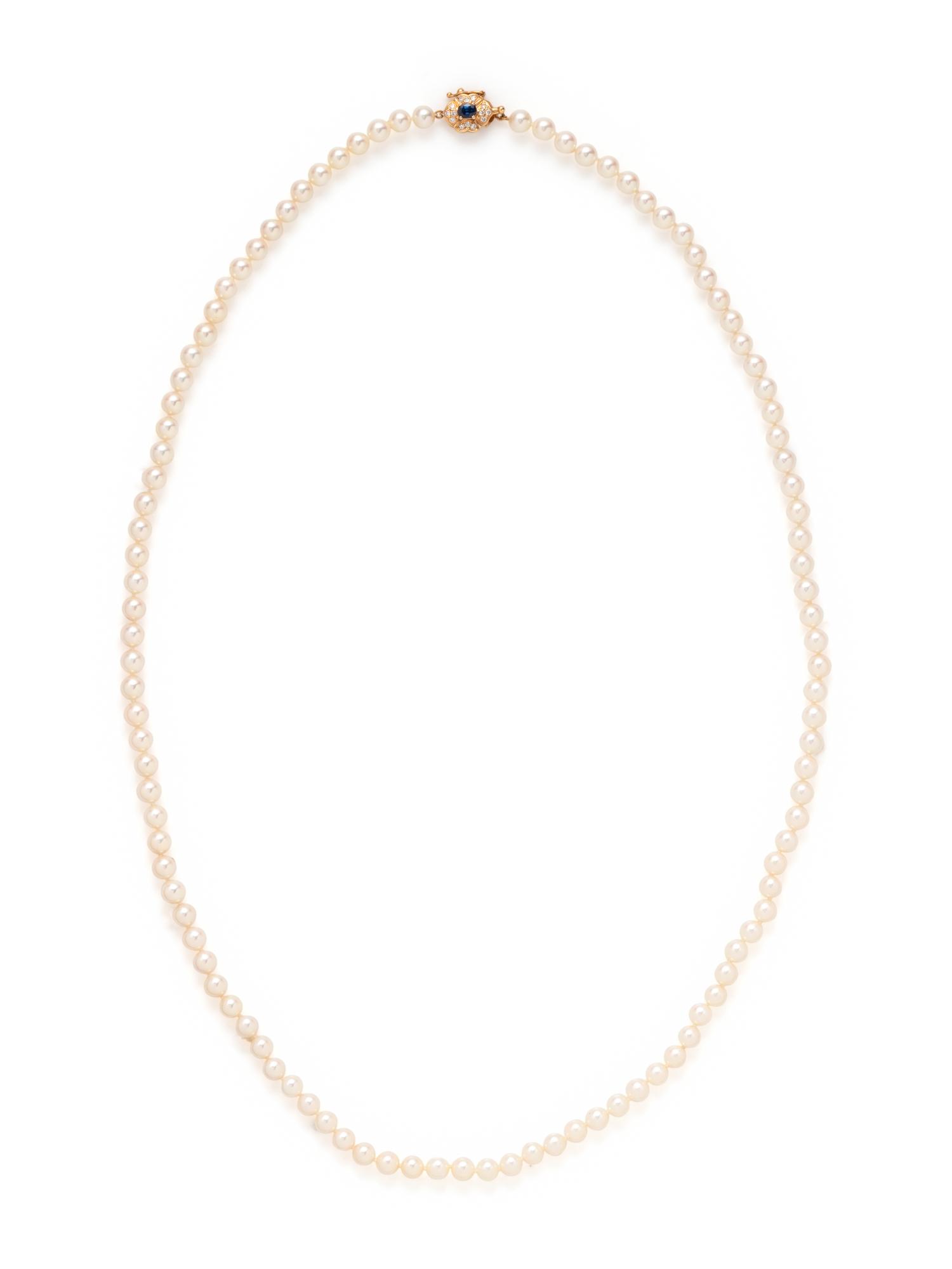 CULTURED PEARL, SAPPHIRE AND DIAMOND NECKLACE