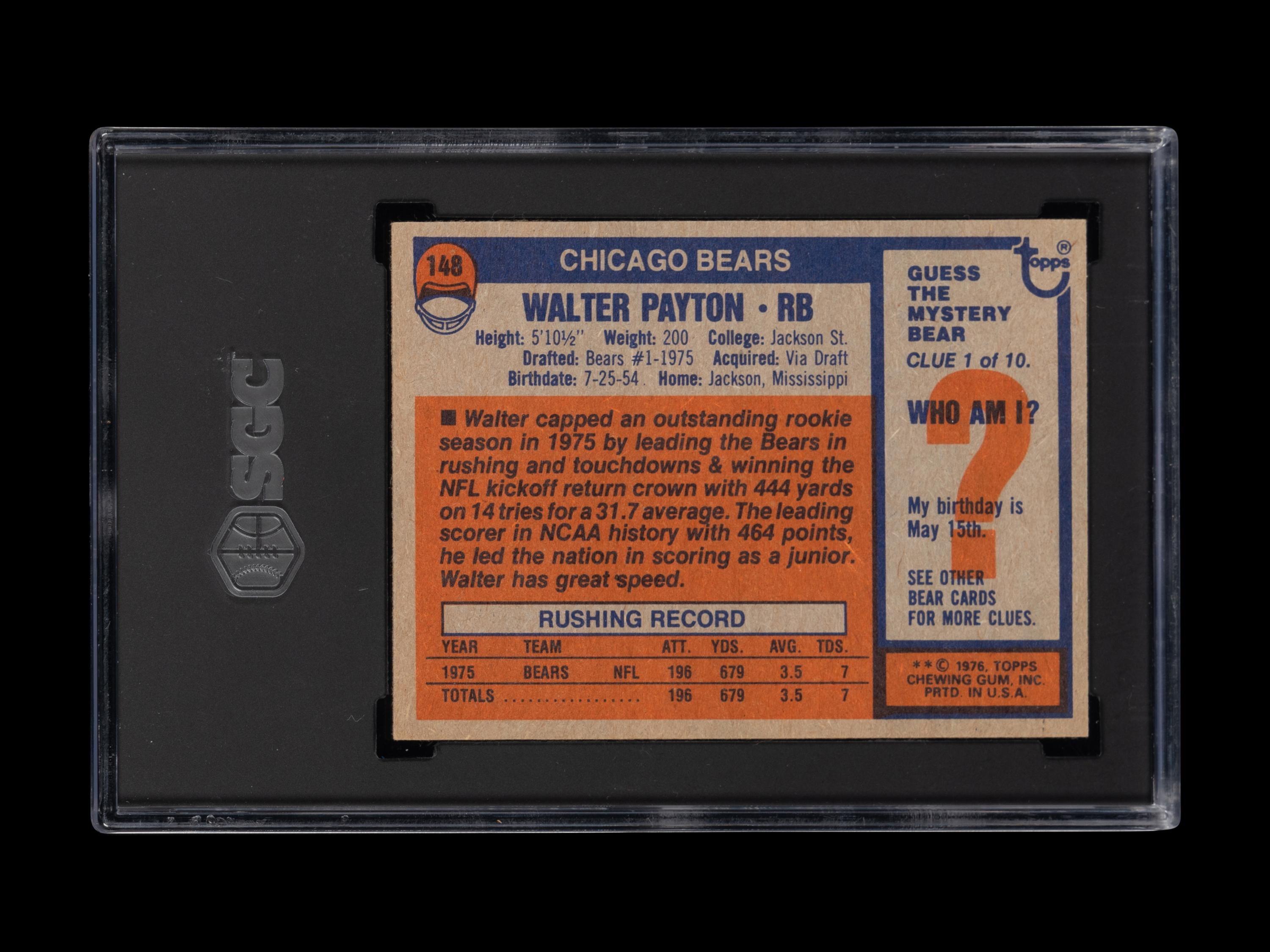 A 1976 Topps Walter Payton Rookie Football Card No. 148 (SGC 7.5 NM+)