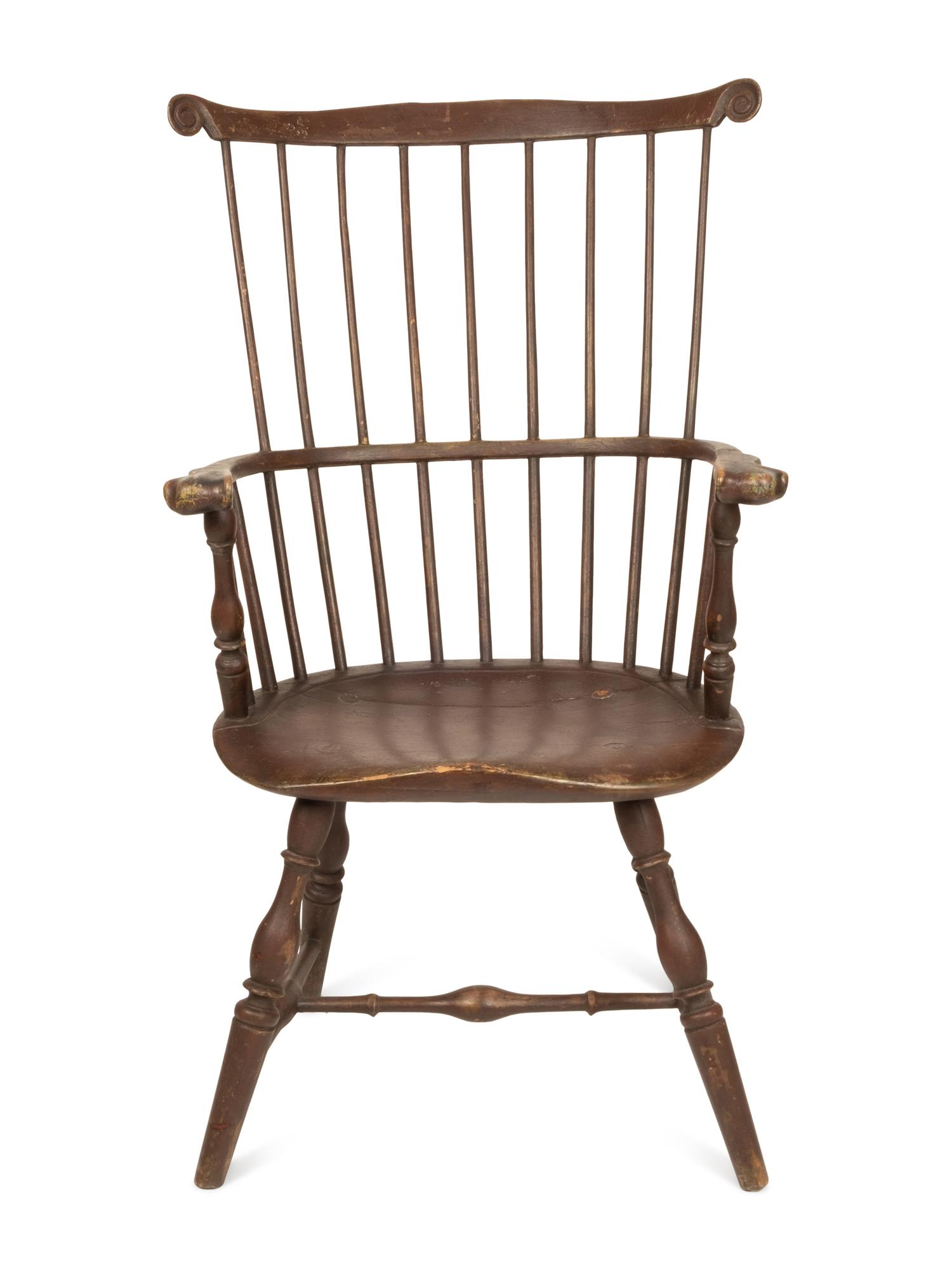 An American Volute-Carved Comb-Back Knuckle-Arm Painted Windsor Armchair