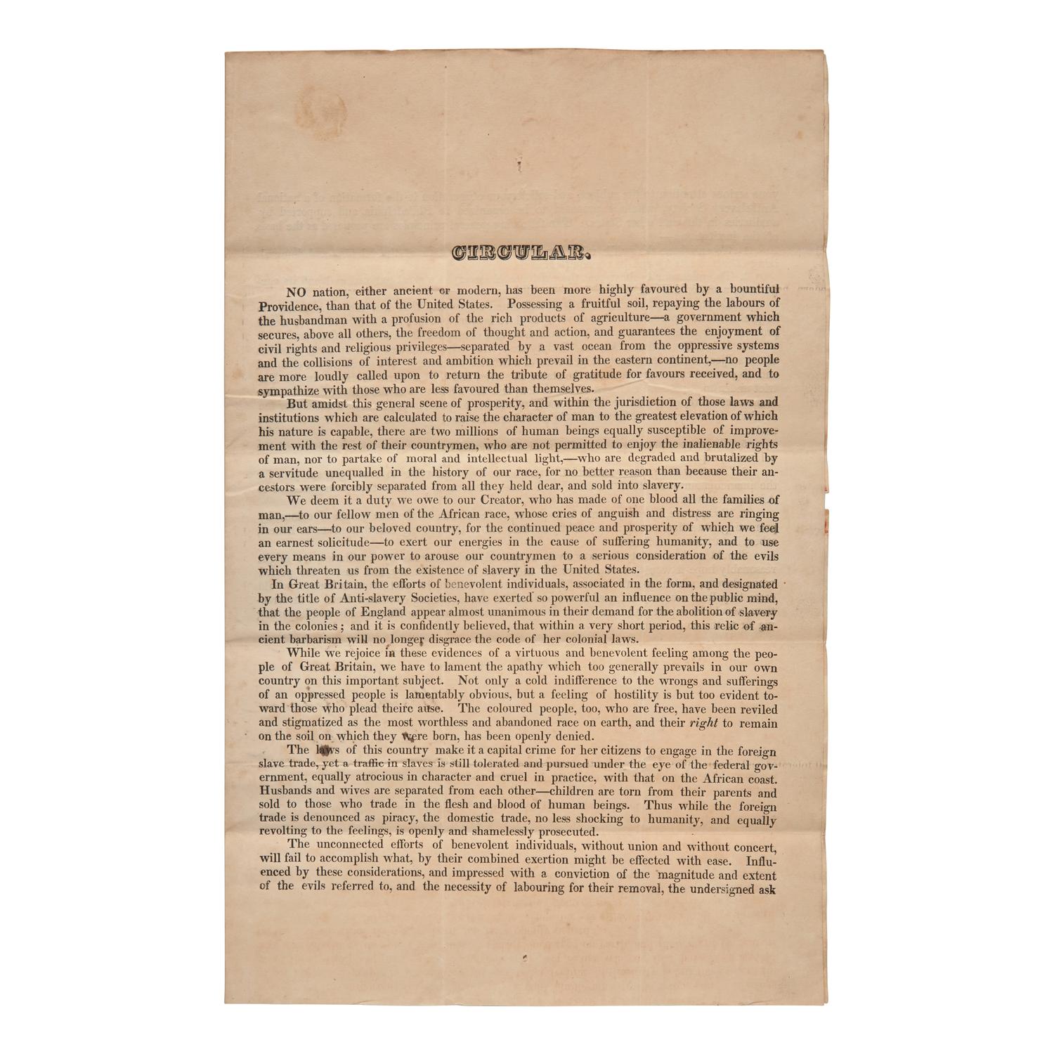 [African-Americana] May, Rev. Samuel J., and Evan Lewis, and George Benson, and Rowland Greene. Printed Circular Calling for the Formation of a National Anti-Slavery Society