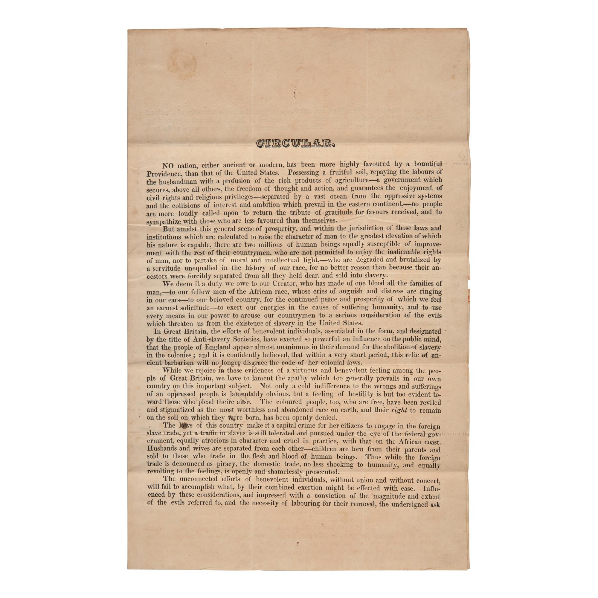 [African-Americana] May, Rev. Samuel J., and Evan Lewis, and George Benson, and Rowland Greene. Printed Circular Calling for the Formation of a National Anti-Slavery Society