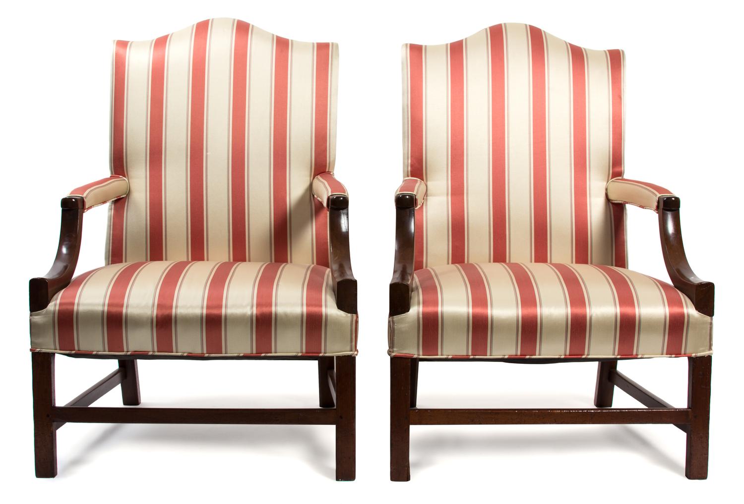A Pair of George III Style Mahogany Open Armchairs Height 41 1/2 x width 28 x depth 30 1/2 inches. — 19TH CENTURY