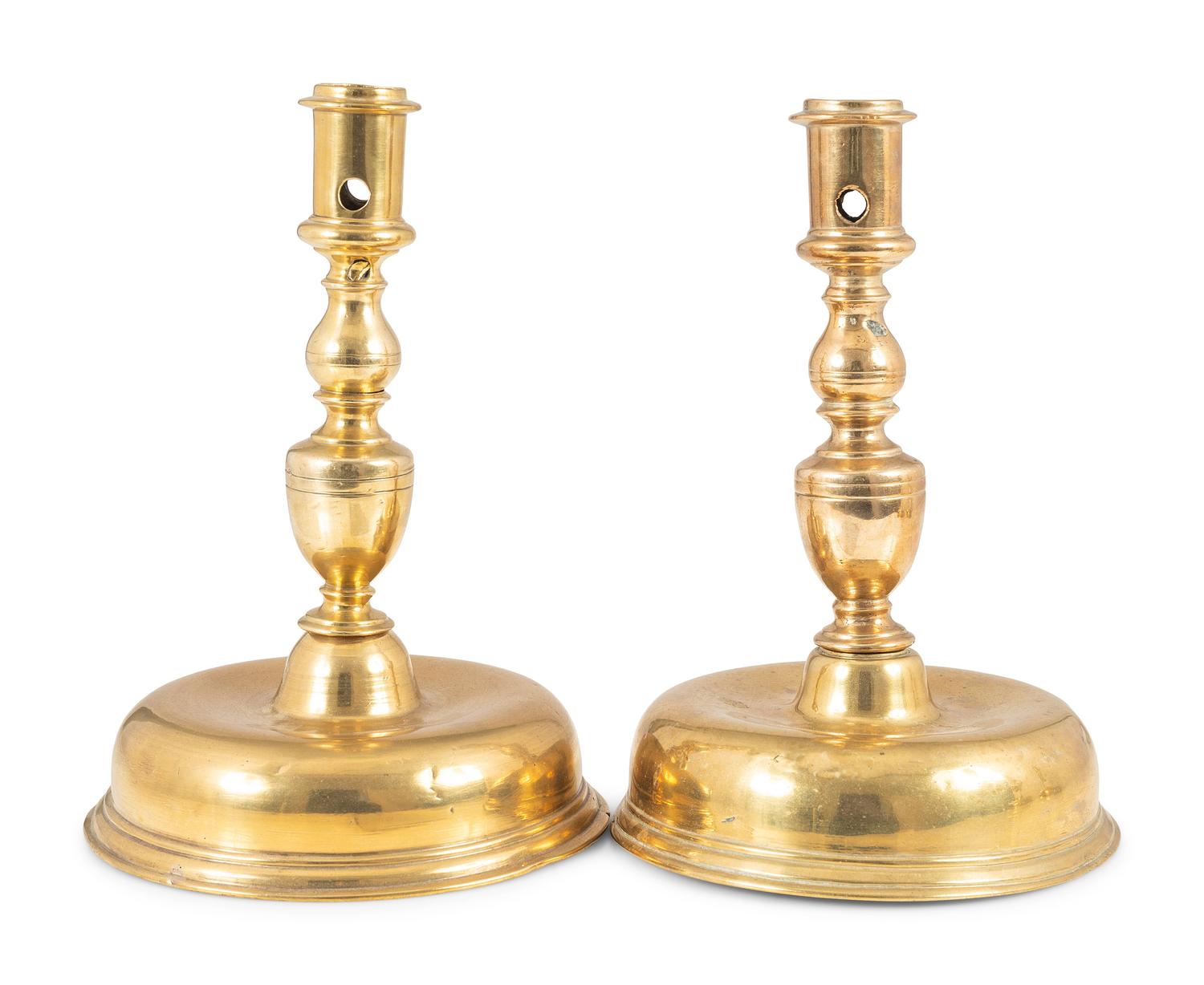 A Matched Pair of Continental Bell-Bottom Brass Candlesticks
