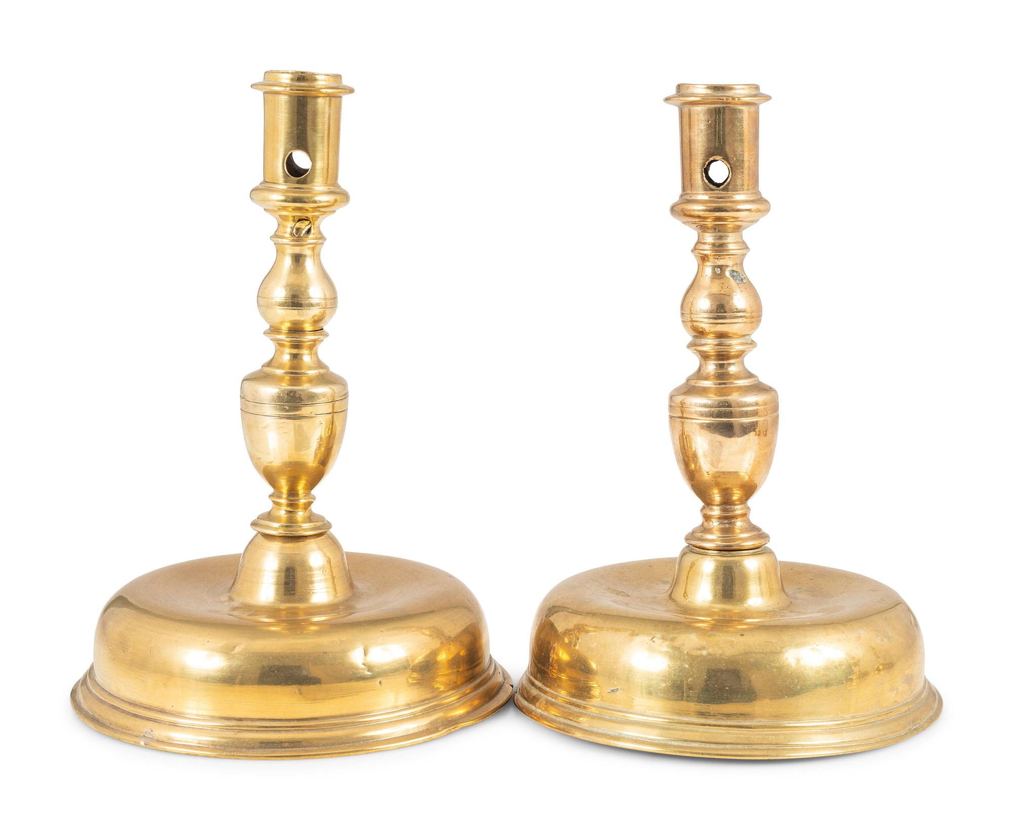 A Matched Pair of Continental Bell-Bottom Brass Candlesticks