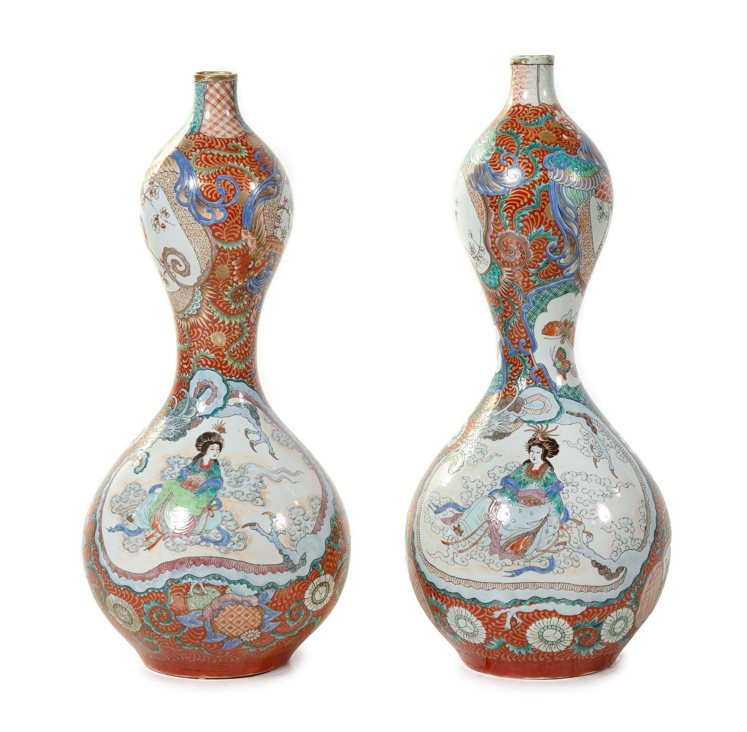 A Pair of Japanese Polychrome Enameled Porcelain Double-Gourd Vases