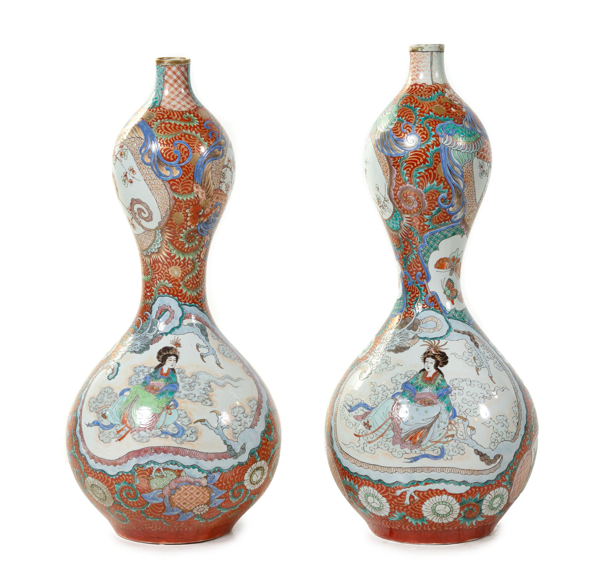 A Pair of Japanese Polychrome Enameled Porcelain Double-Gourd Vases