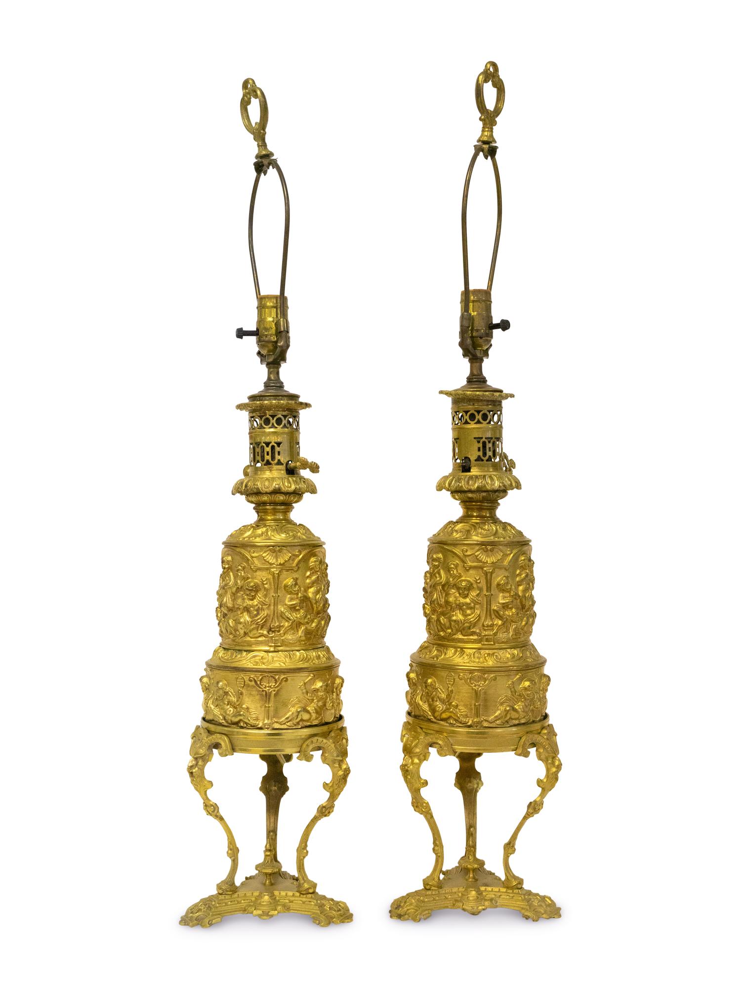 A Pair of Napoleon III Gilt Bronze Oil Lamps
