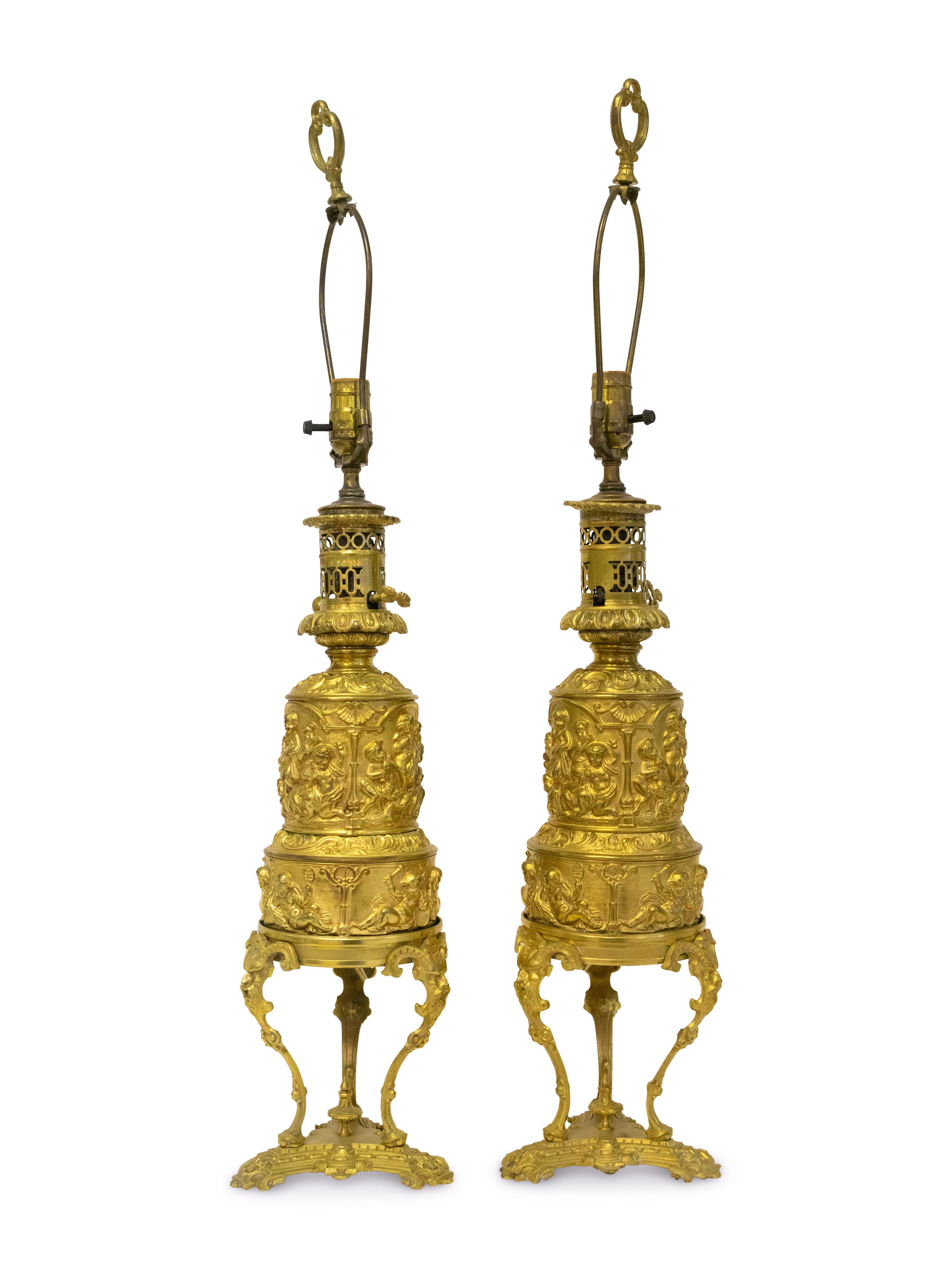 A Pair of Napoleon III Gilt Bronze Oil Lamps