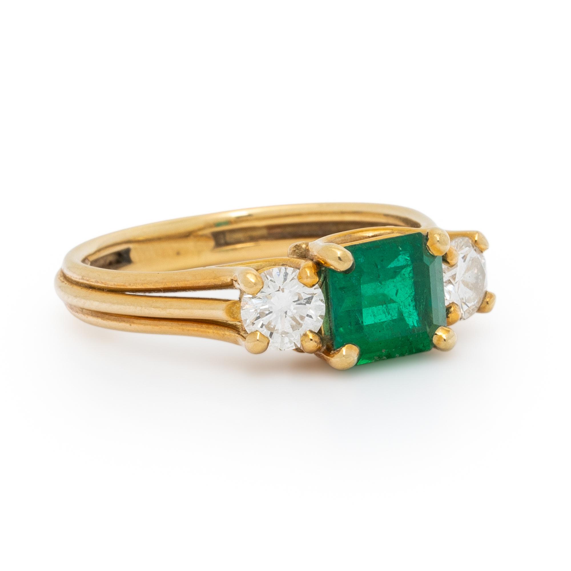 EMERALD, DIAMOND, AND YELLOW GOLD RING