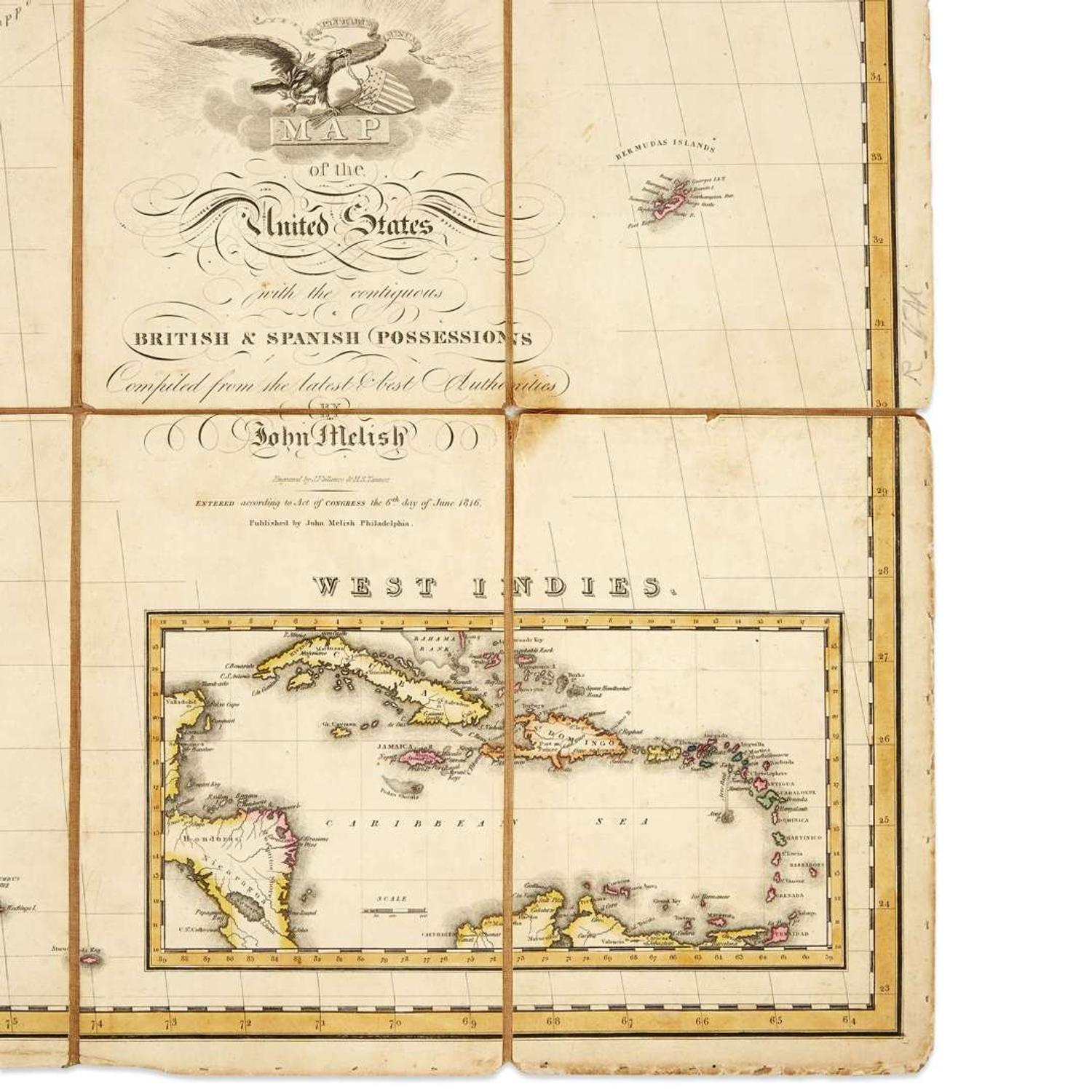 Map of the United States with the contiguous British & Spanish Possessions Compiled from the latest & best authorities. Philadelphia John Melish (Scottish/American 1771-1822) First Edition, 5th State (Ristow), 1816