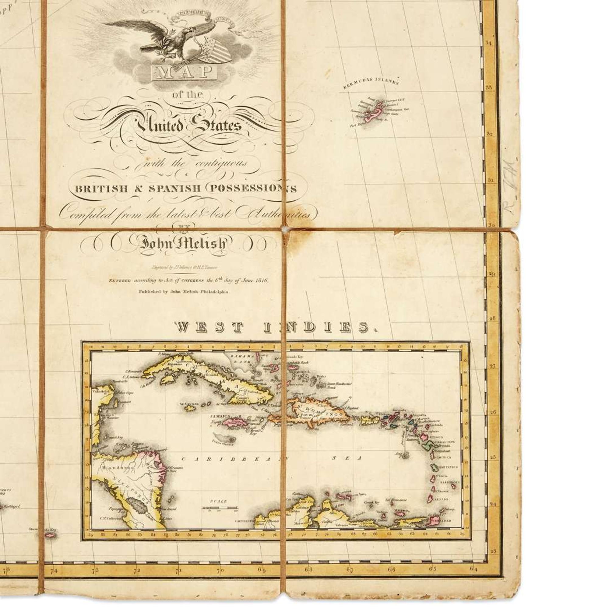 Map of the United States with the contiguous British & Spanish Possessions Compiled from the latest & best authorities. Philadelphia John Melish (Scottish/American 1771-1822) First Edition, 5th State (Ristow), 1816