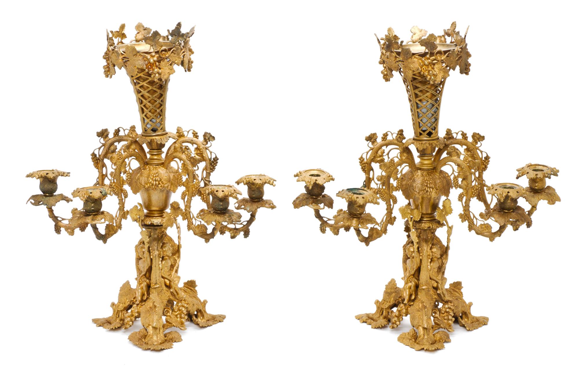 A Pair of Continental Gilt Bronze Four-Light Candelabra, 19TH CENTURY, Height 22 3/8 inches. — 19TH CENTURY,