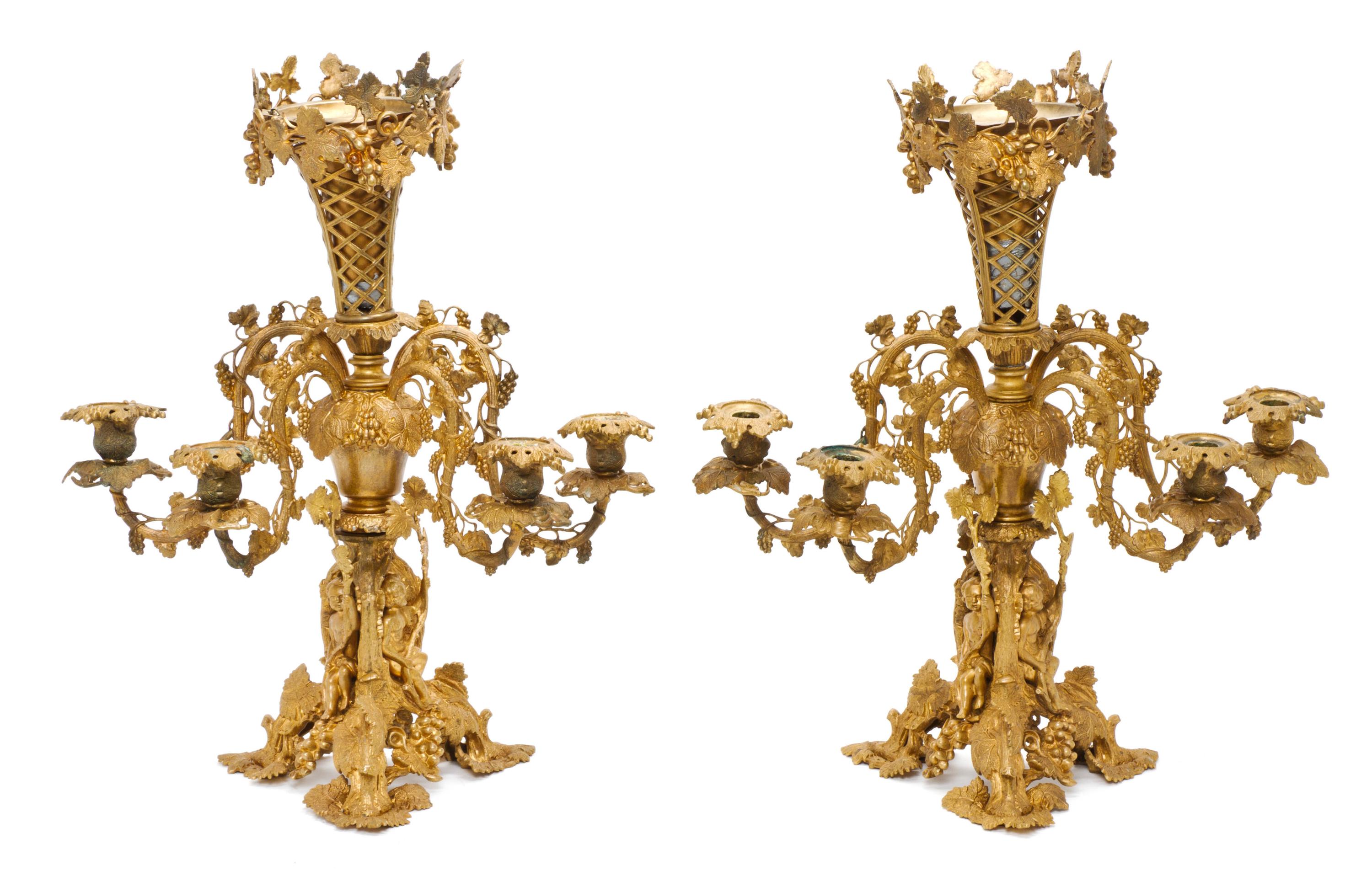 A Pair of Continental Gilt Bronze Four-Light Candelabra, 19TH CENTURY, Height 22 3/8 inches. — 19TH CENTURY,