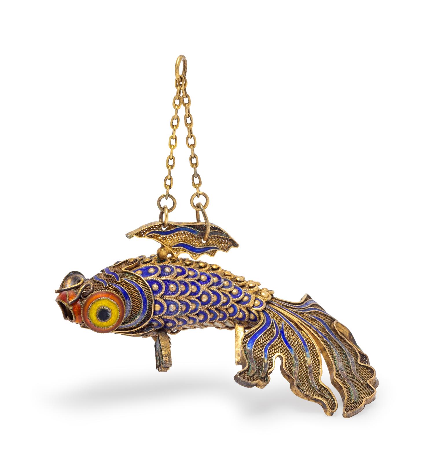 A Gilt Silver and Polychrome Enamel Koi Fish Pendant,