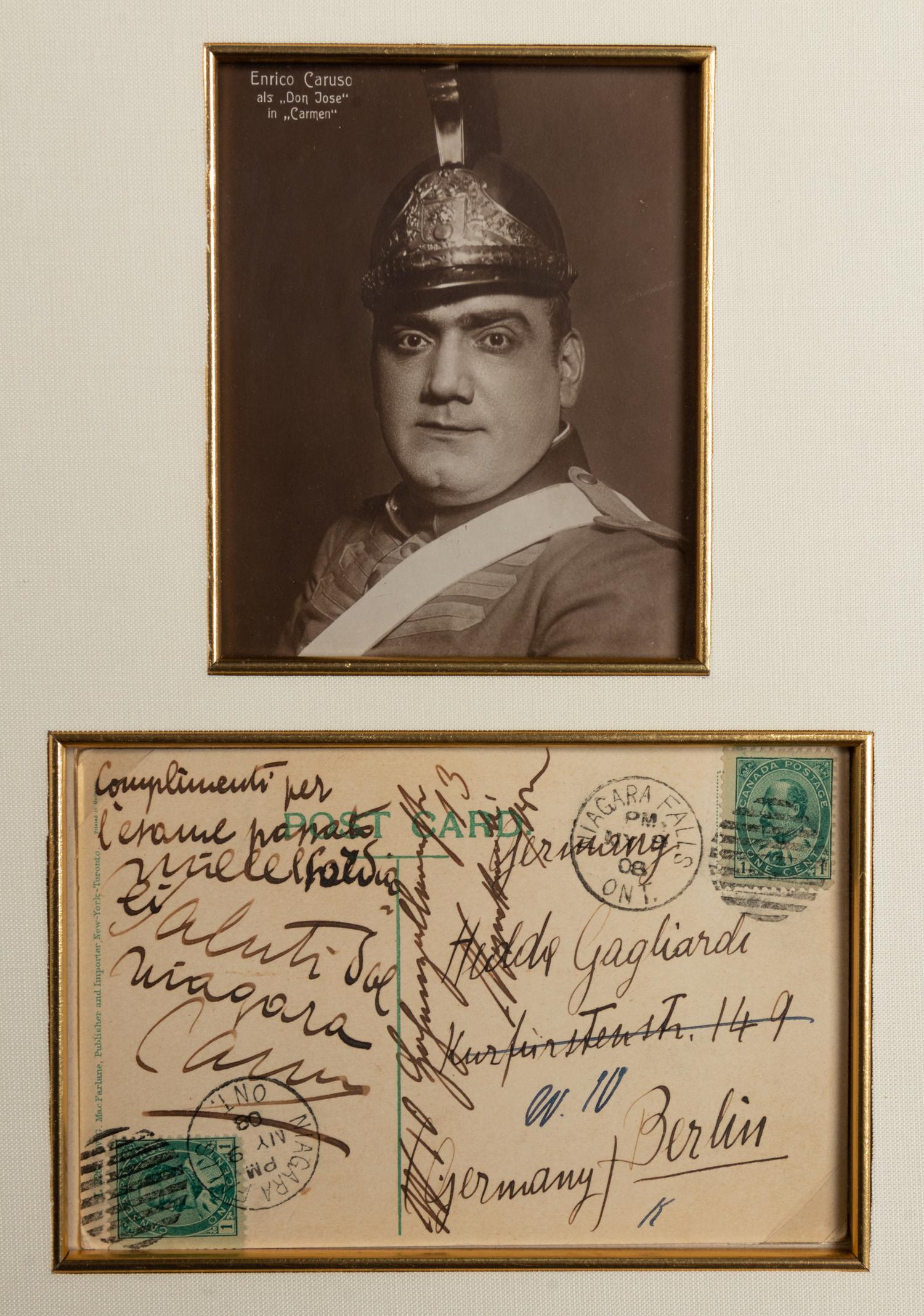 CARUSO, Enrico (1873-1921). Postcard signed ("Caruso"), to Hedda Gagliardi. Niagara Falls, Ontario, May 9 1908. Framed with photographic portrait.