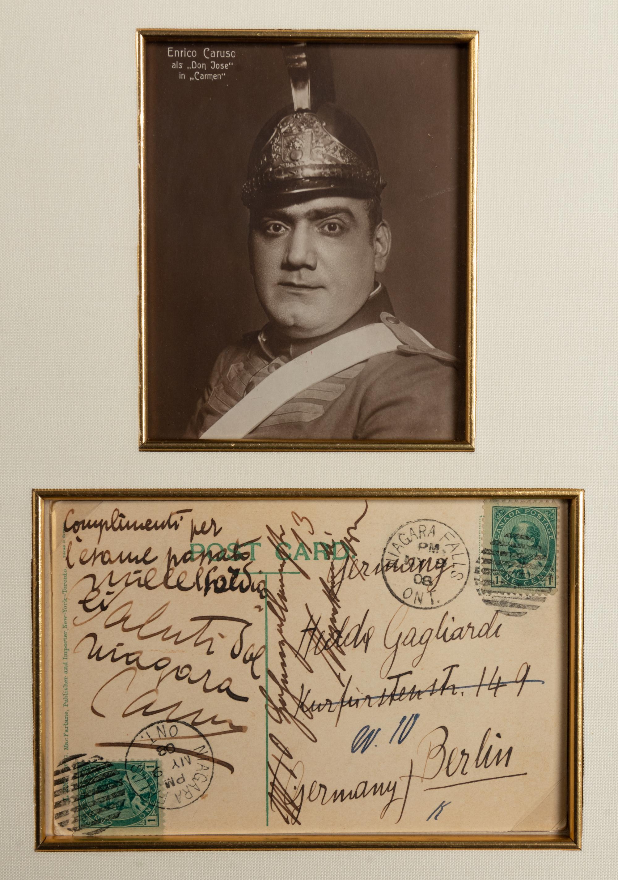 CARUSO, Enrico (1873-1921). Postcard signed ("Caruso"), to Hedda Gagliardi. Niagara Falls, Ontario, May 9 1908. Framed with photographic portrait.
