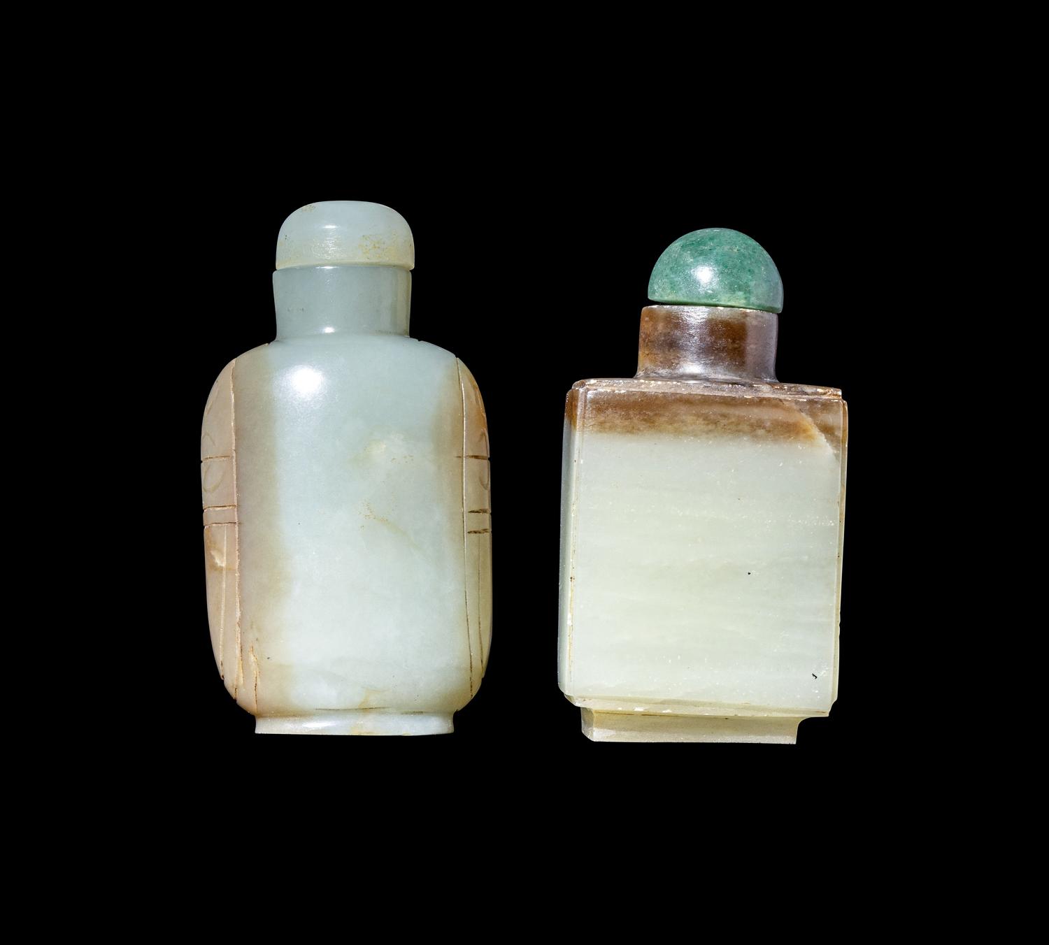 Two Chinese Russet and Greyish Celadon Jade Snuff Bottles
