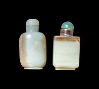 Two Chinese Russet and Greyish Celadon Jade Snuff Bottles