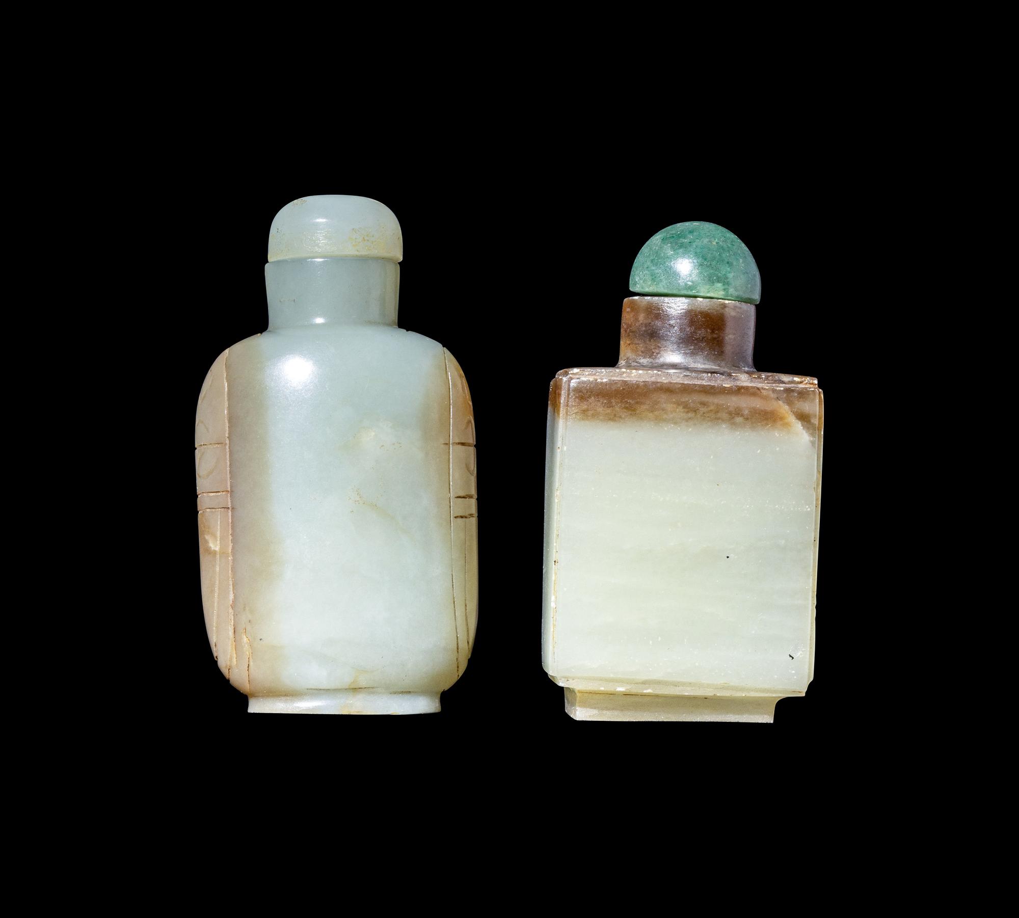 Two Chinese Russet and Greyish Celadon Jade Snuff Bottles