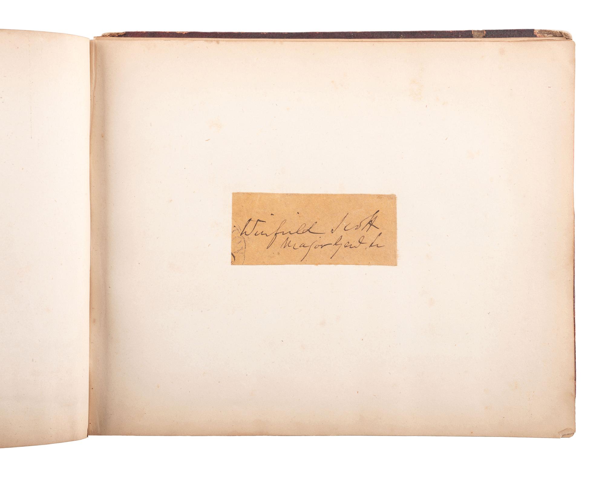[CIVIL WAR]. Autograph book identified to Lucritia Taft Flagg, featuring signatures of assorted 19th-century figures including D.L. MOODY, Lewis CASS, Charles SUMNER, William H. SEWARD, and others.