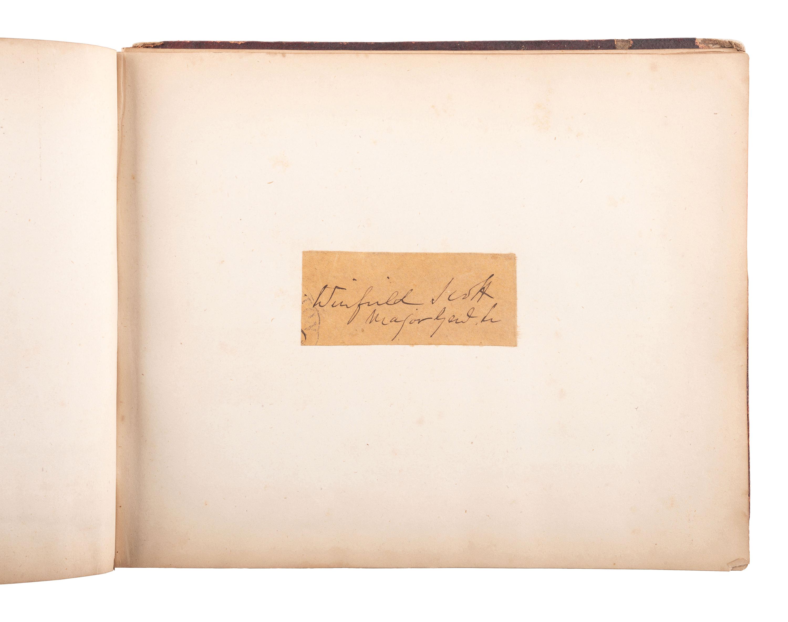 [CIVIL WAR]. Autograph book identified to Lucritia Taft Flagg, featuring signatures of assorted 19th-century figures including D.L. MOODY, Lewis CASS, Charles SUMNER, William H. SEWARD, and others.