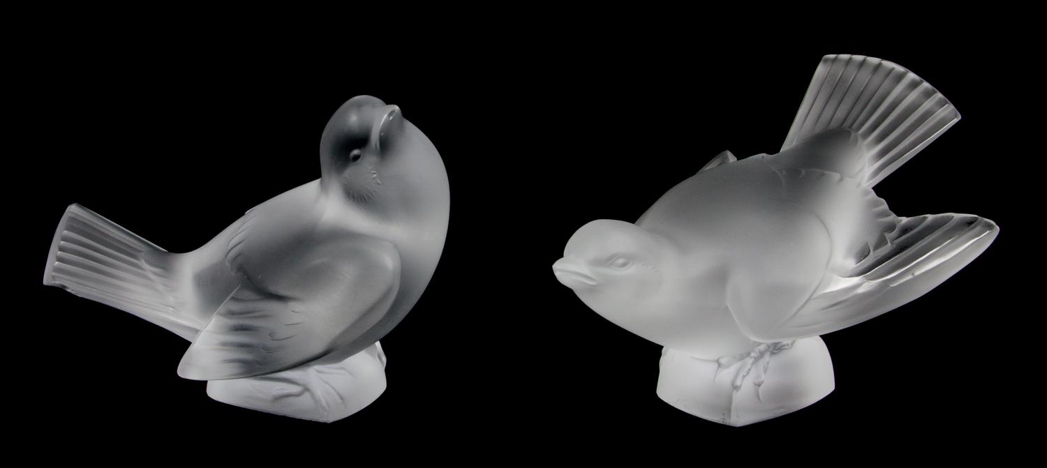 Two Lalique Molded and Frosted Glass Figures Height of taller 3 1/2 inches.