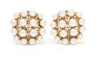 A Pair of Yellow Gold and Cultured Pearl Earclips, 10.40 dwts.