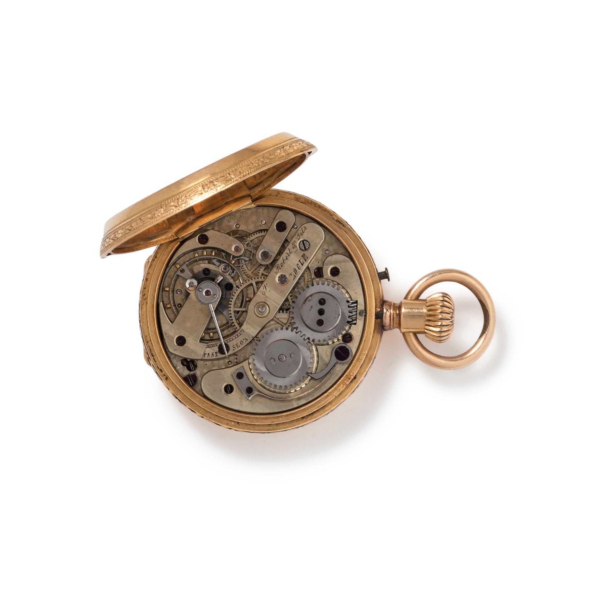 18K YELLOW GOLD AND ENAMEL HUNTER CASE POCKET WATCH