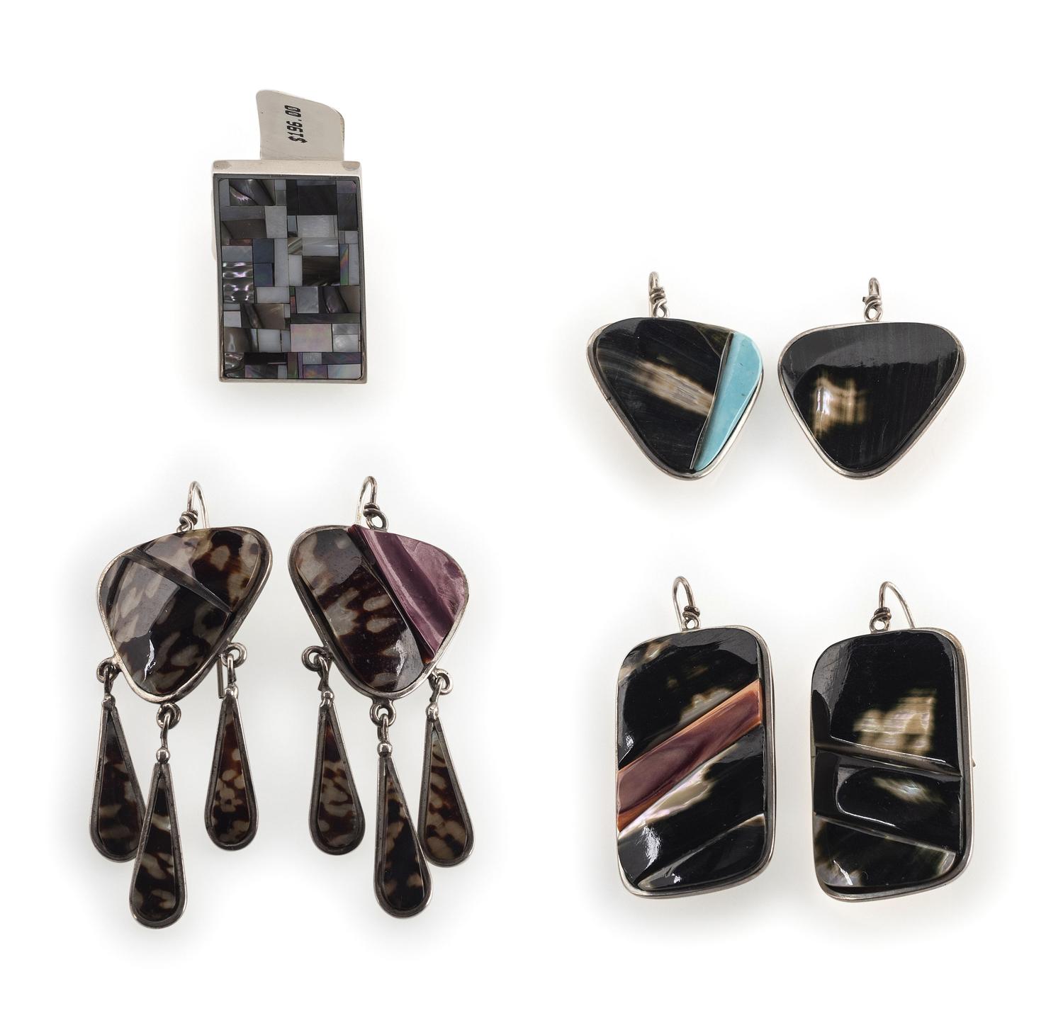 Southwestern Silver and Mosaic Inlay Hook Earrings and Ring