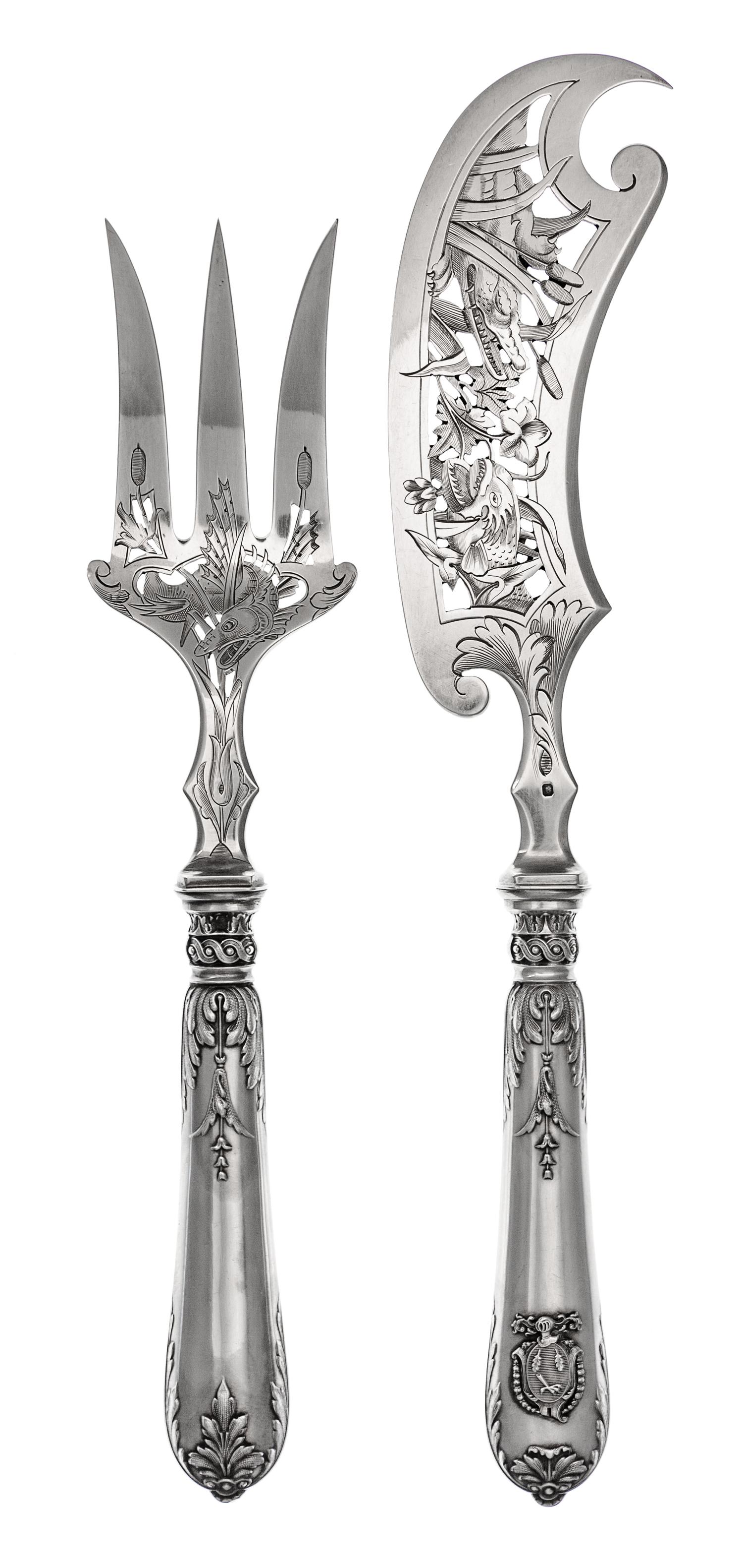 Two French Silver Fish Serving Articles, Paul Tallois, Paris, 19th Century, the openwork decorated slice and fork worked with nautical